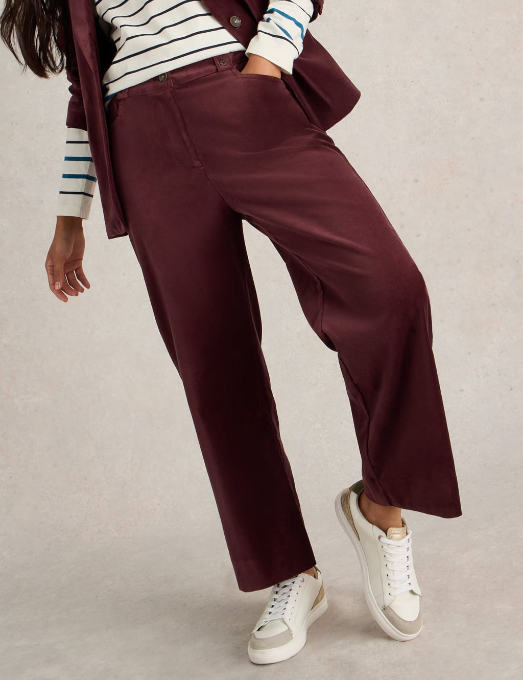 Pure Cotton Velvet Wide Leg Cropped Trousers