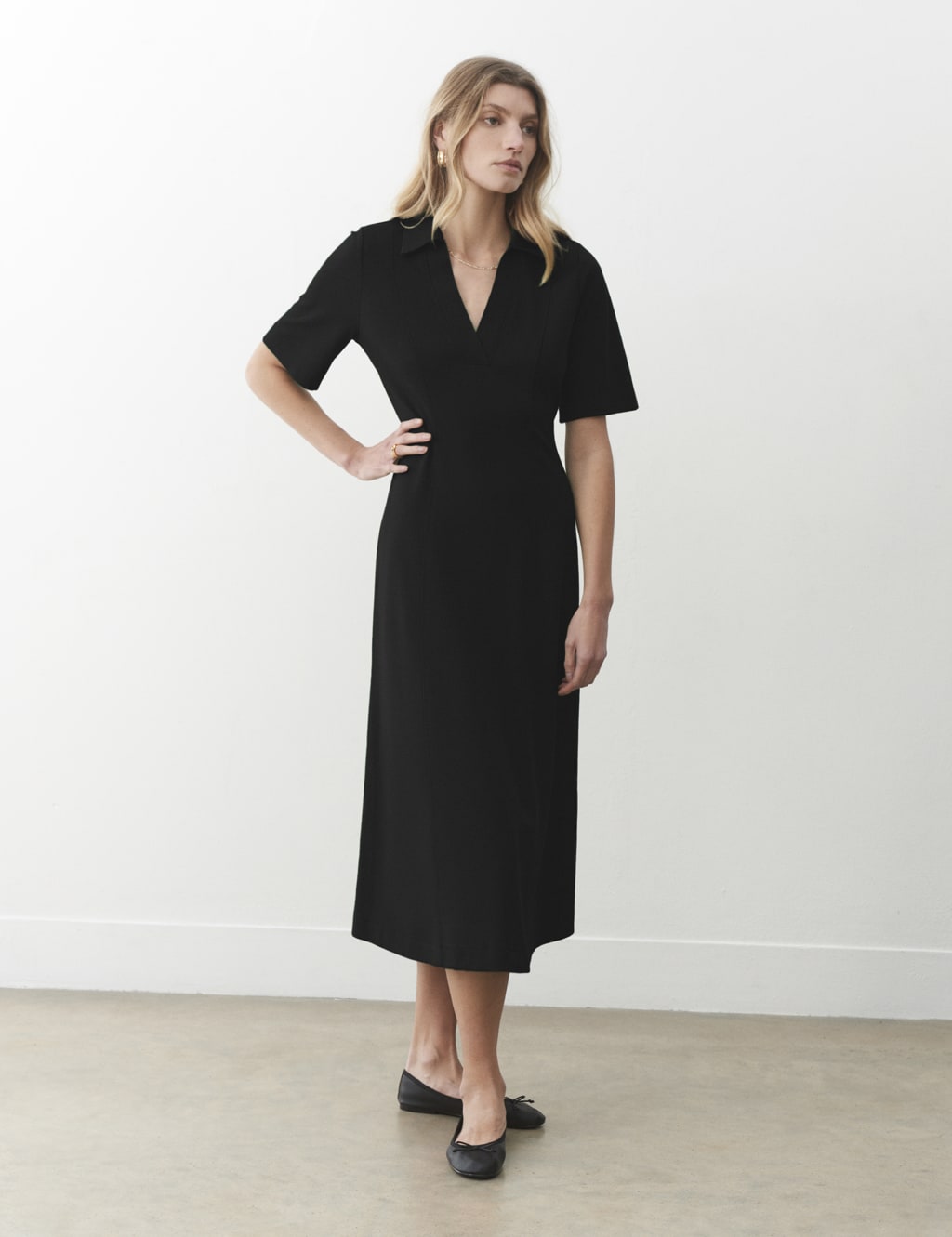Collared V-Neck Midi Smock Dress 1 of 3