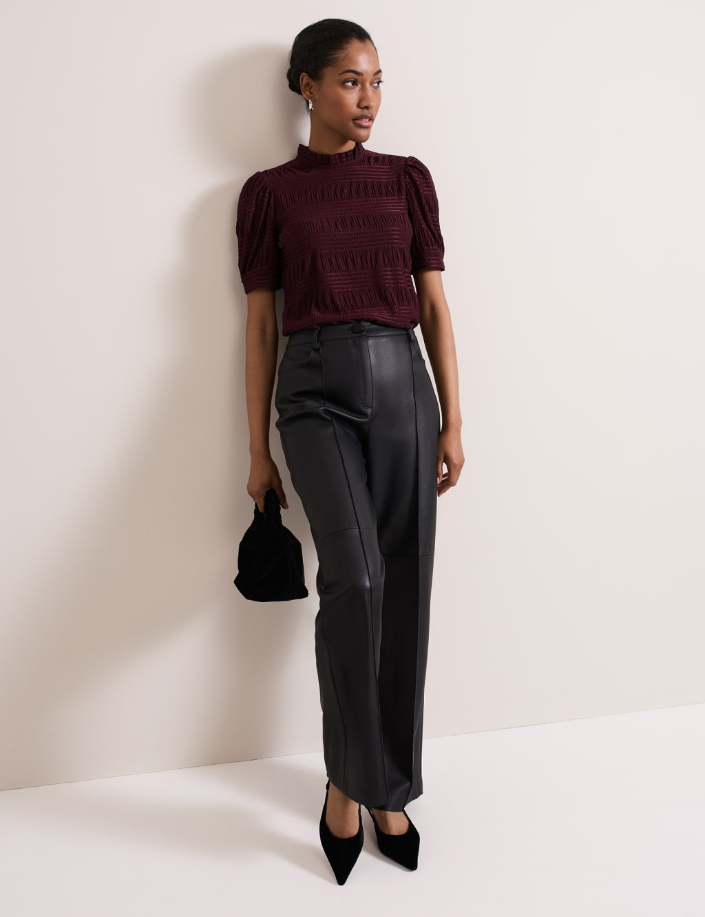 Textured High Neck Shirred Puff Sleeve Top Phase Eight M S