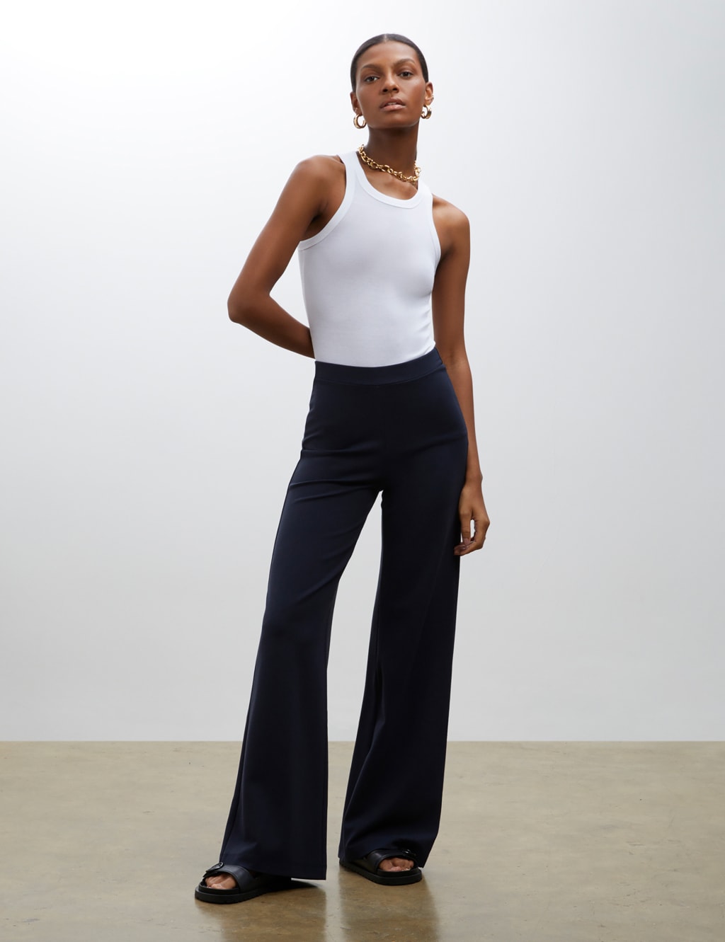 Cotton Blend Wide Leg Trousers