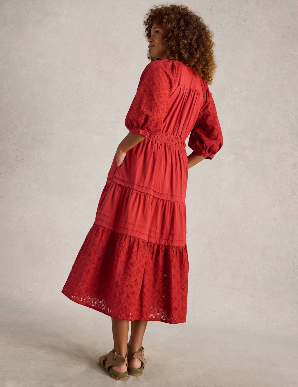 Pure Cotton Broderie V-Neck Midi Tiered Dress 3 of 6