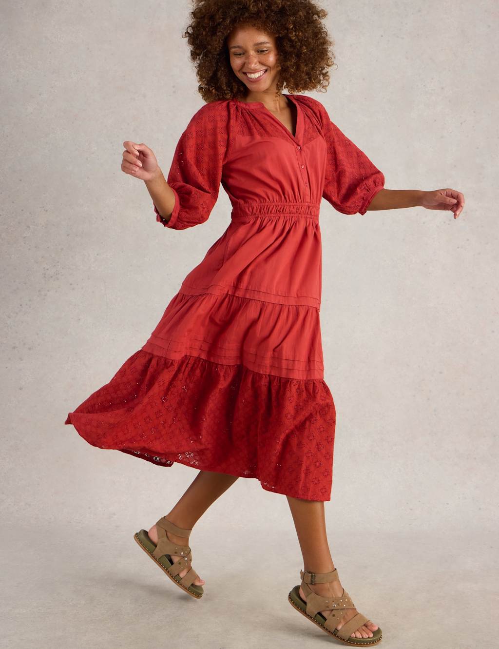 Pure Cotton Broderie V-Neck Midi Tiered Dress 5 of 6