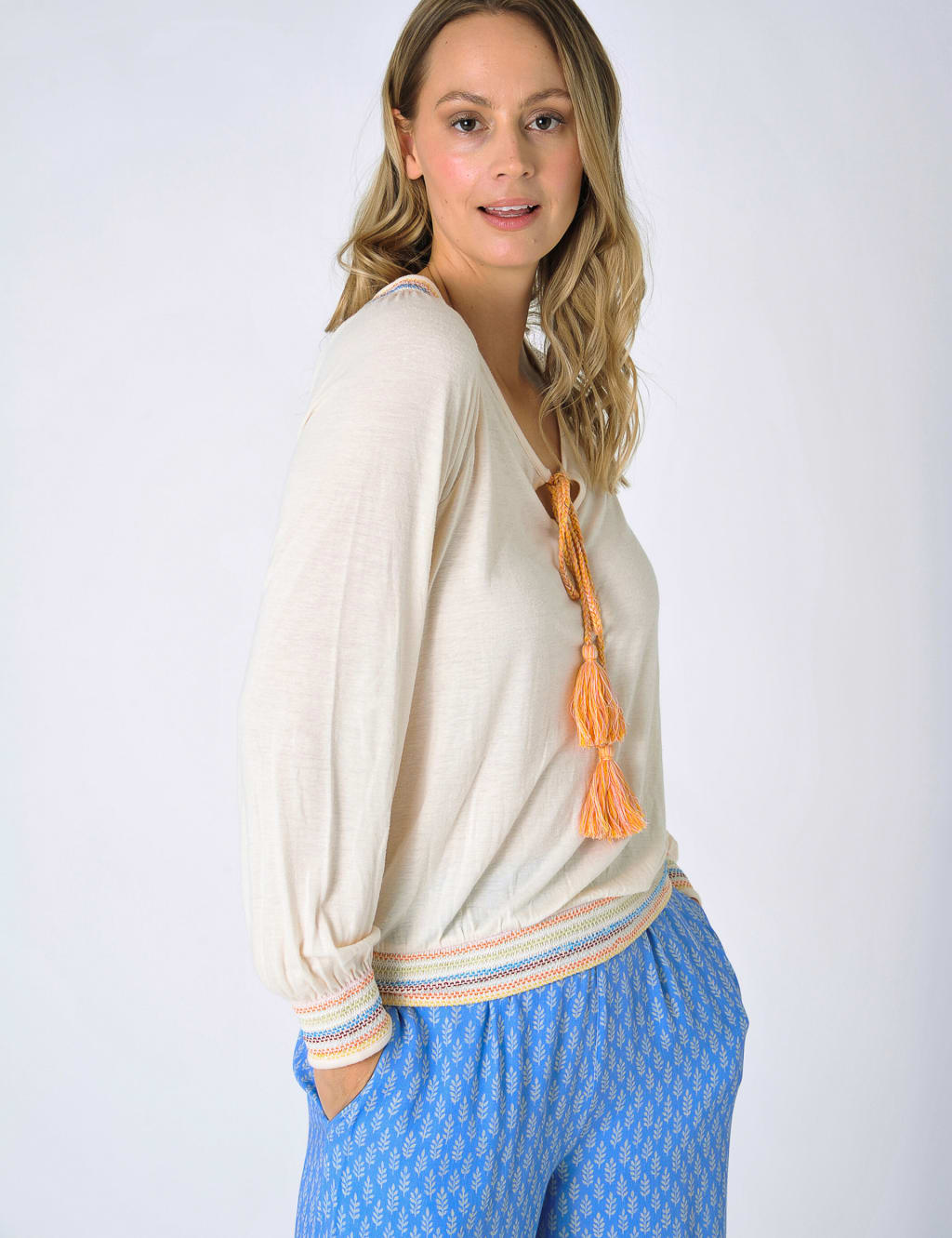 Linen Blend Embroidered Smocked Detail Top 1 of 5