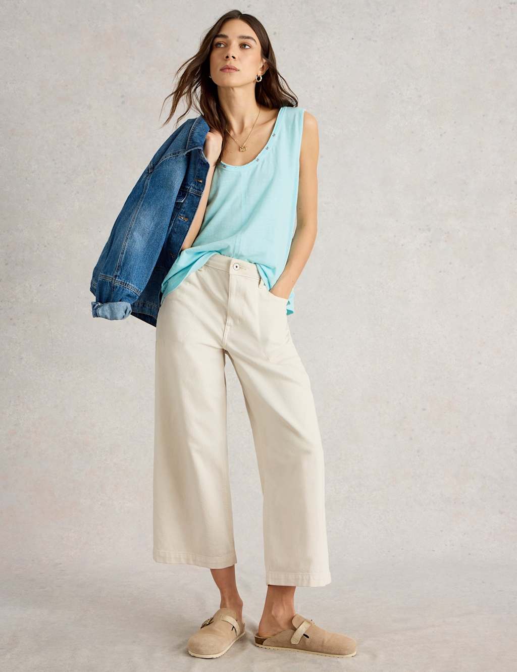 Pure Cotton Scoop Neck Button Detail Vest Top 3 of 6