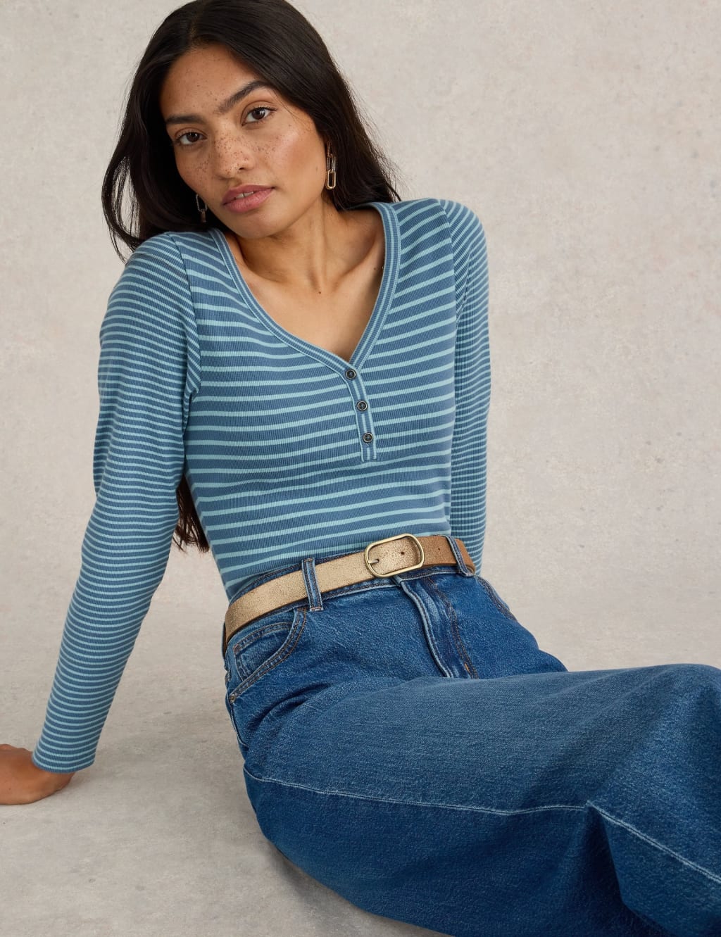 Cotton Rich Striped Ribbed V-Neck Henley Top 1 of 6