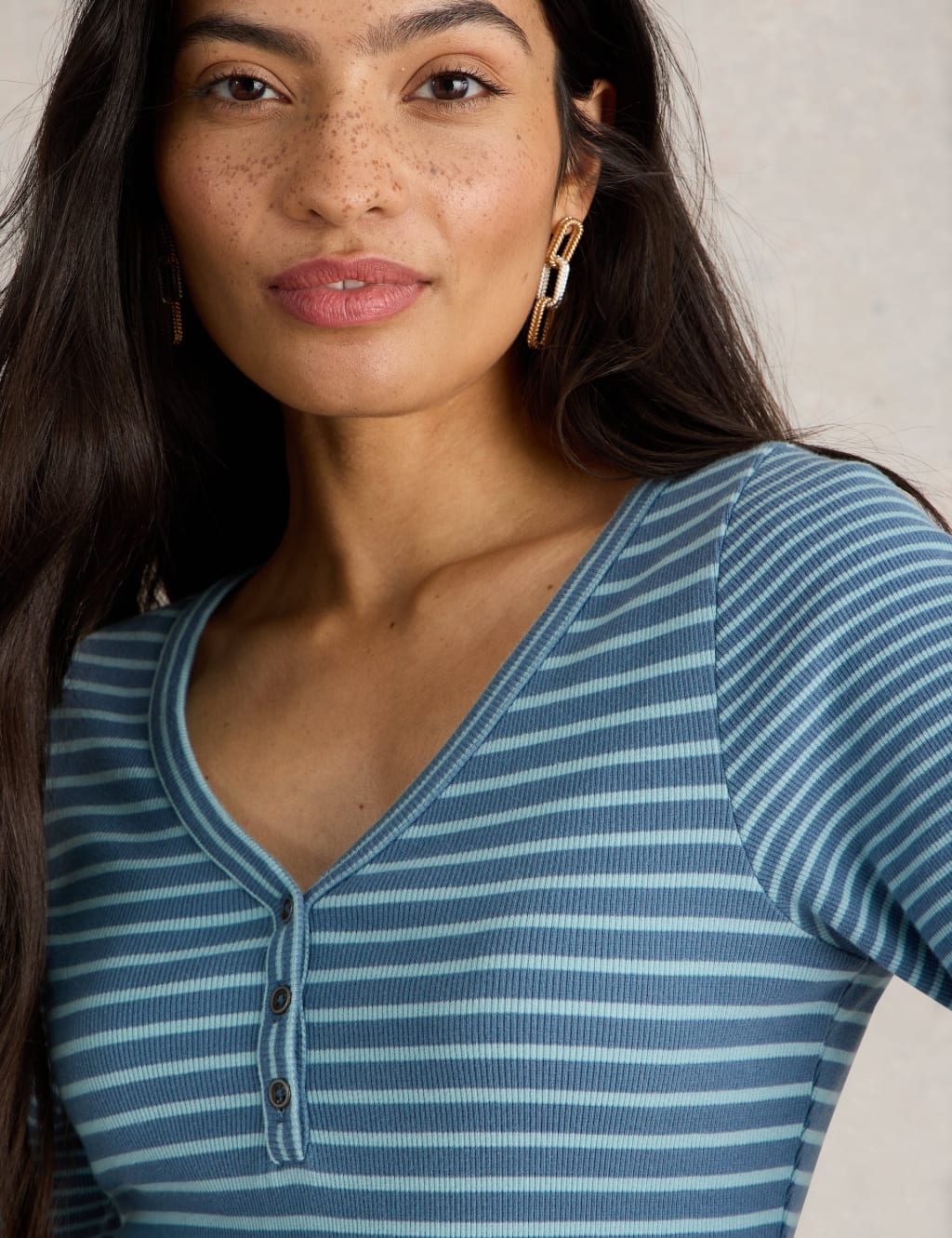 Cotton Rich Striped Ribbed V-Neck Henley Top 5 of 6