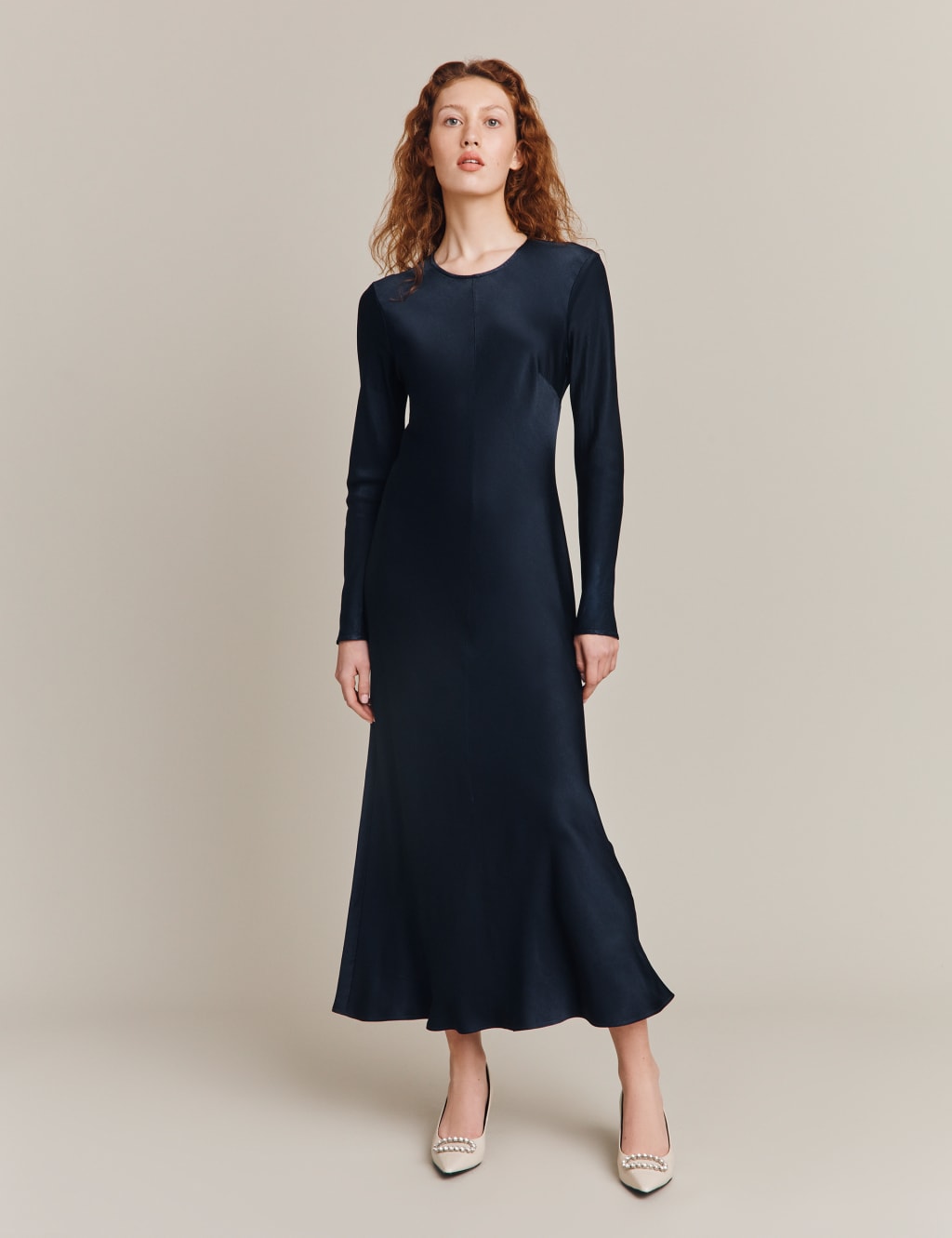 Satin Round Neck Midi Column Dress