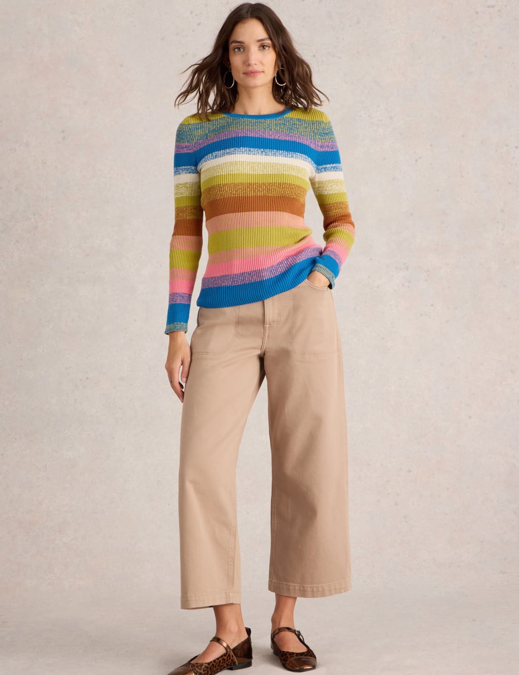 Pure Cotton Ribbed Striped Crew Neck Jumper