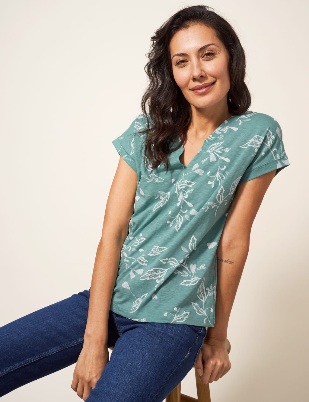 Pure Cotton Leaf Print Notch Neck T-Shirt 1 of 5