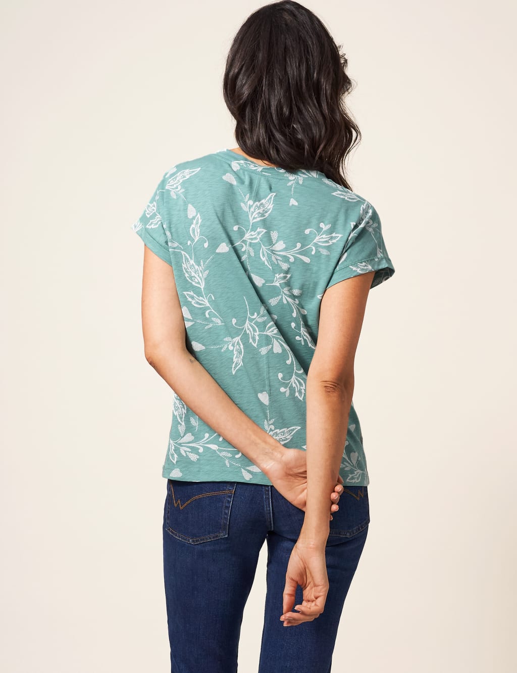 Pure Cotton Leaf Print Notch Neck T-Shirt 3 of 5