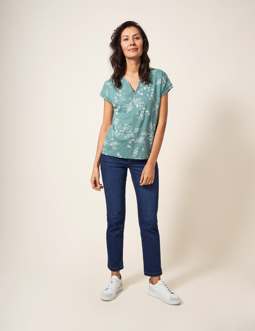 Pure Cotton Leaf Print Notch Neck T-Shirt 4 of 5