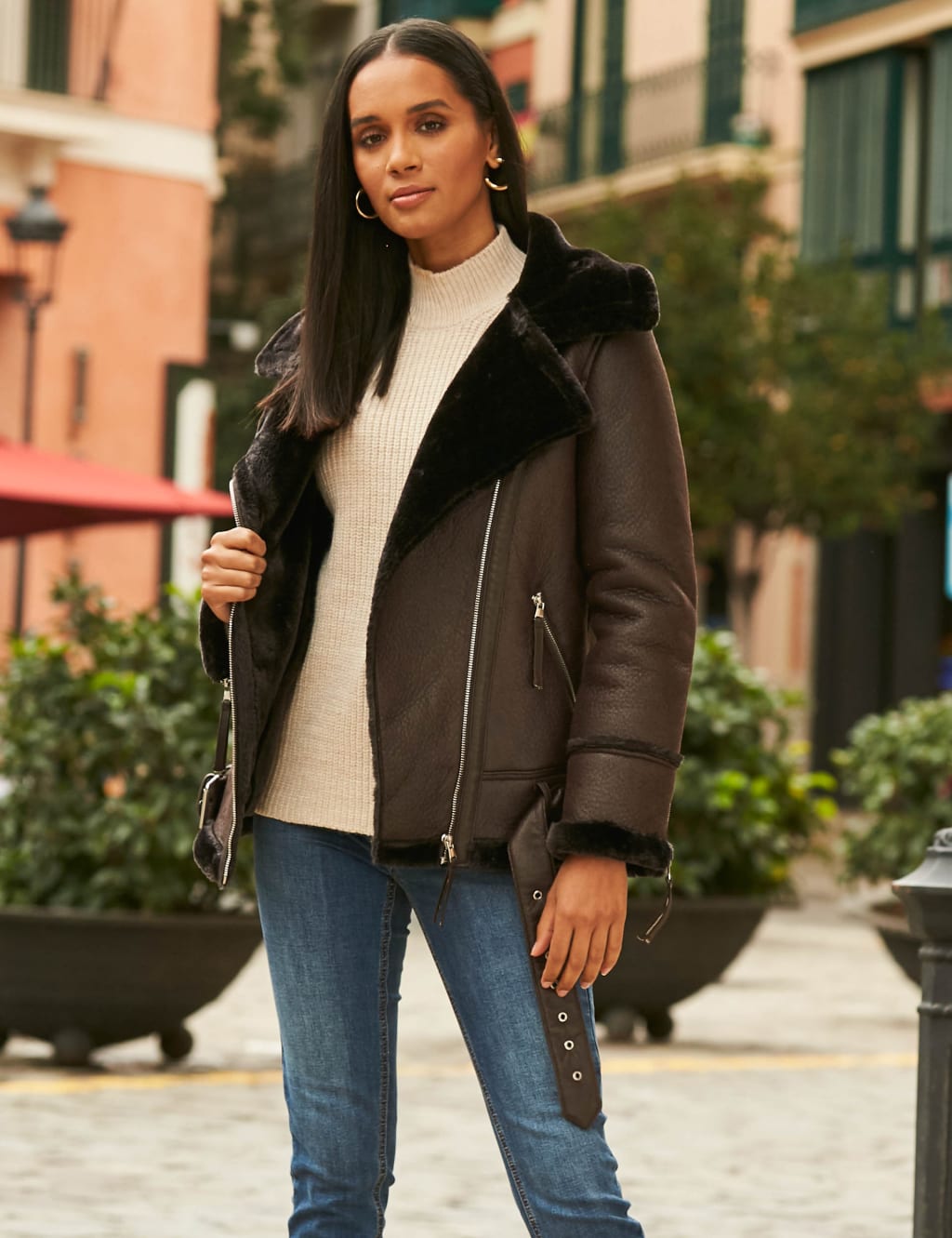 Black faux shearling aviator jacket best sale