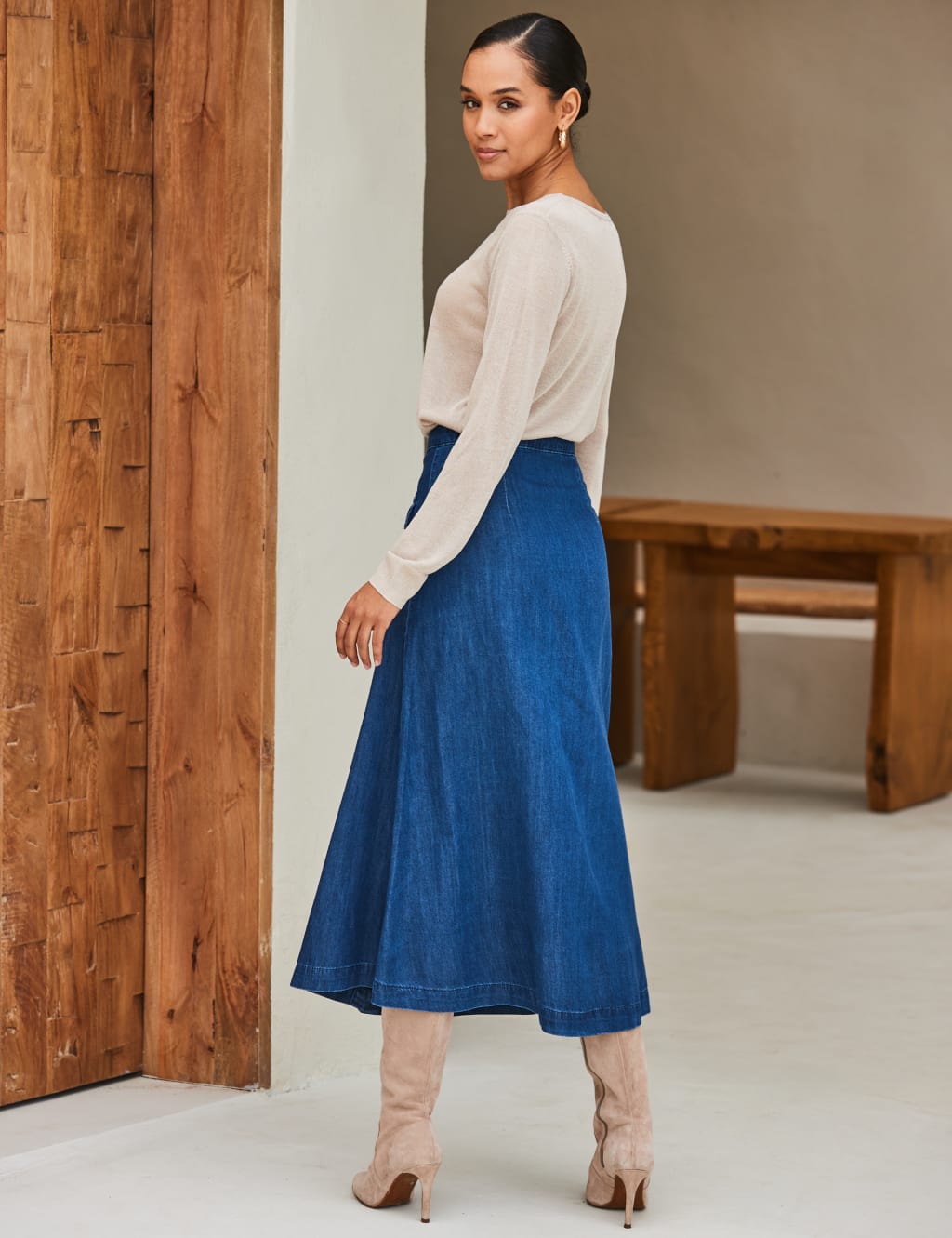 Denim Button Front Midi Skirt