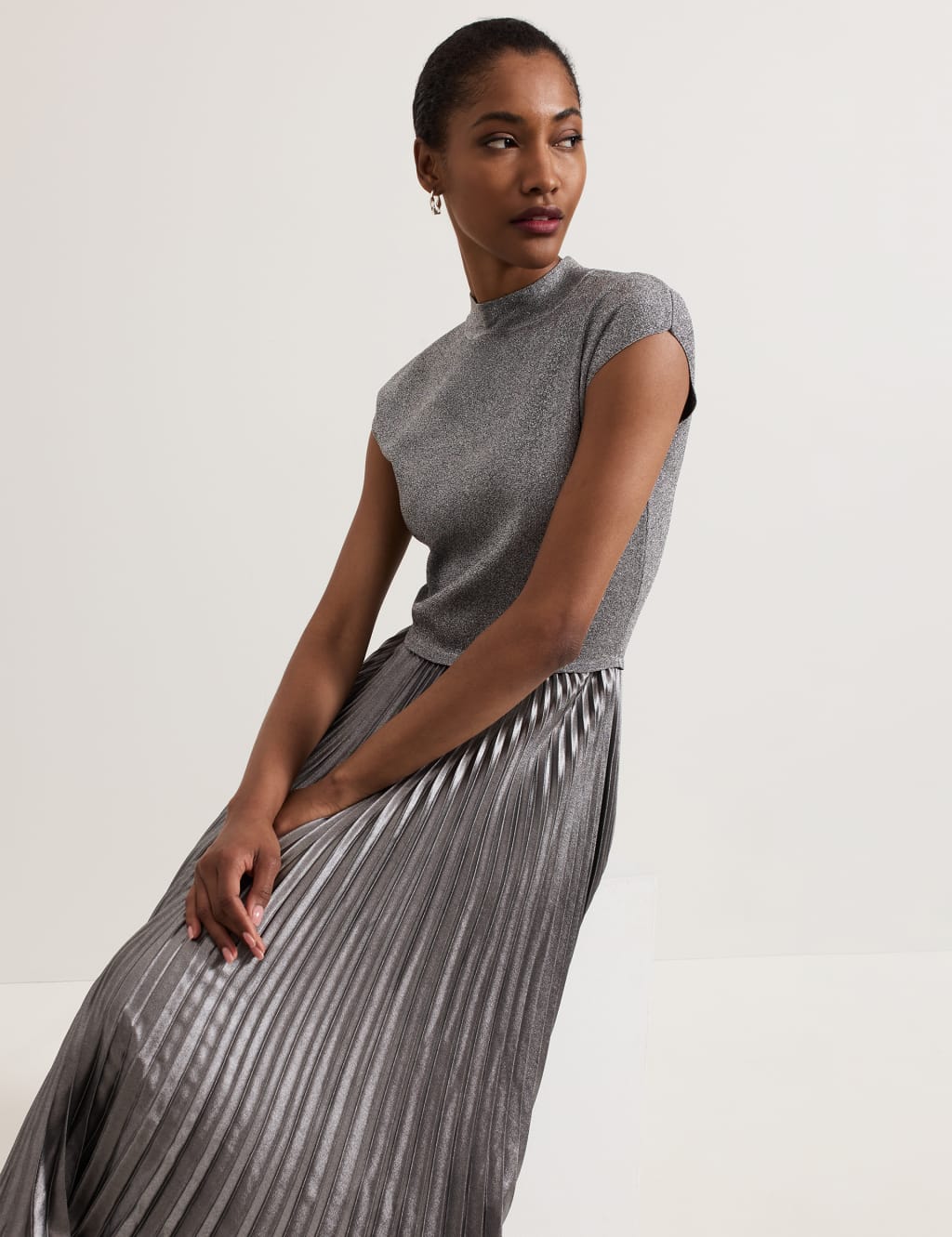 Pleated high neck midi dress sale