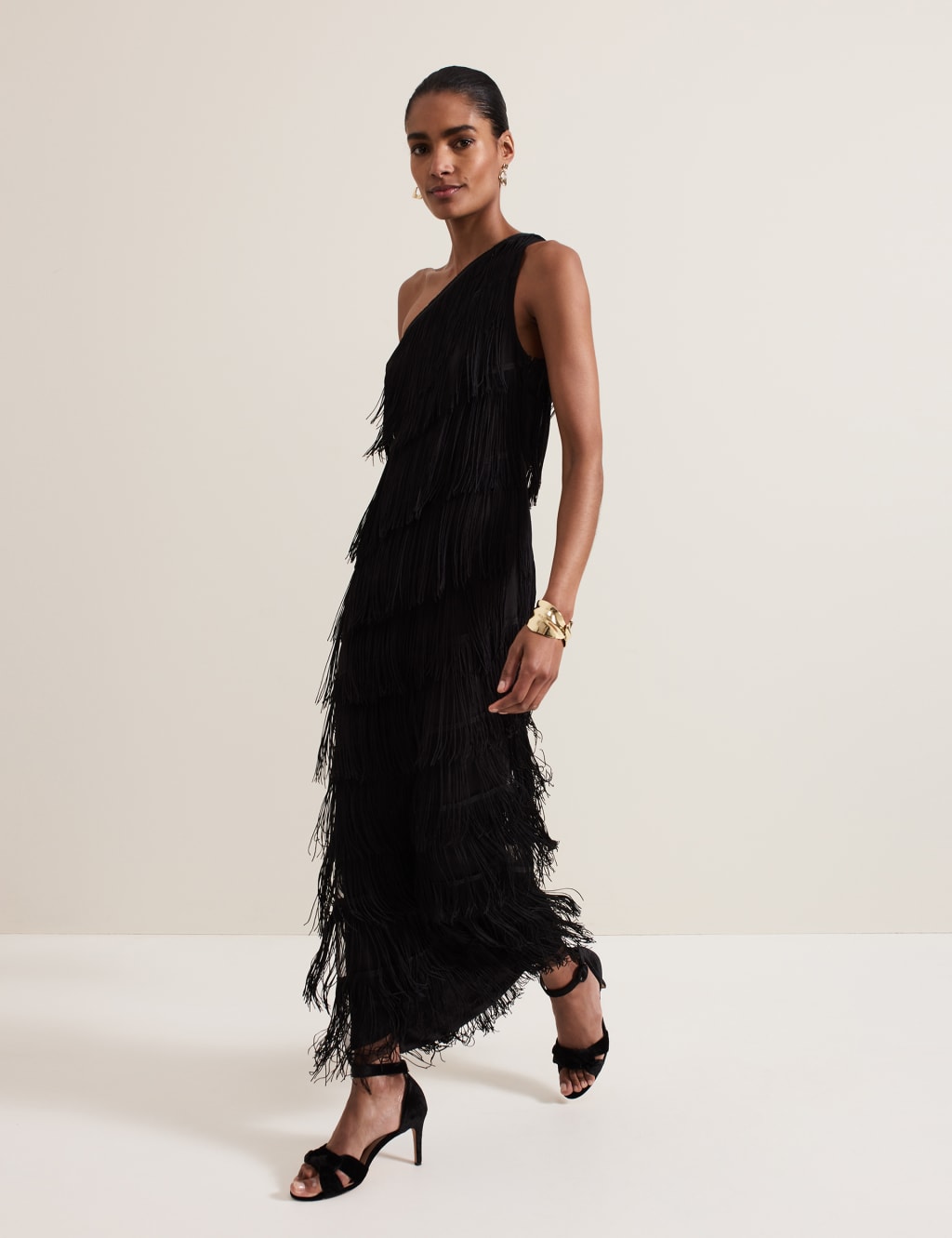 Fringed One Shoulder Maxi Column Dress
