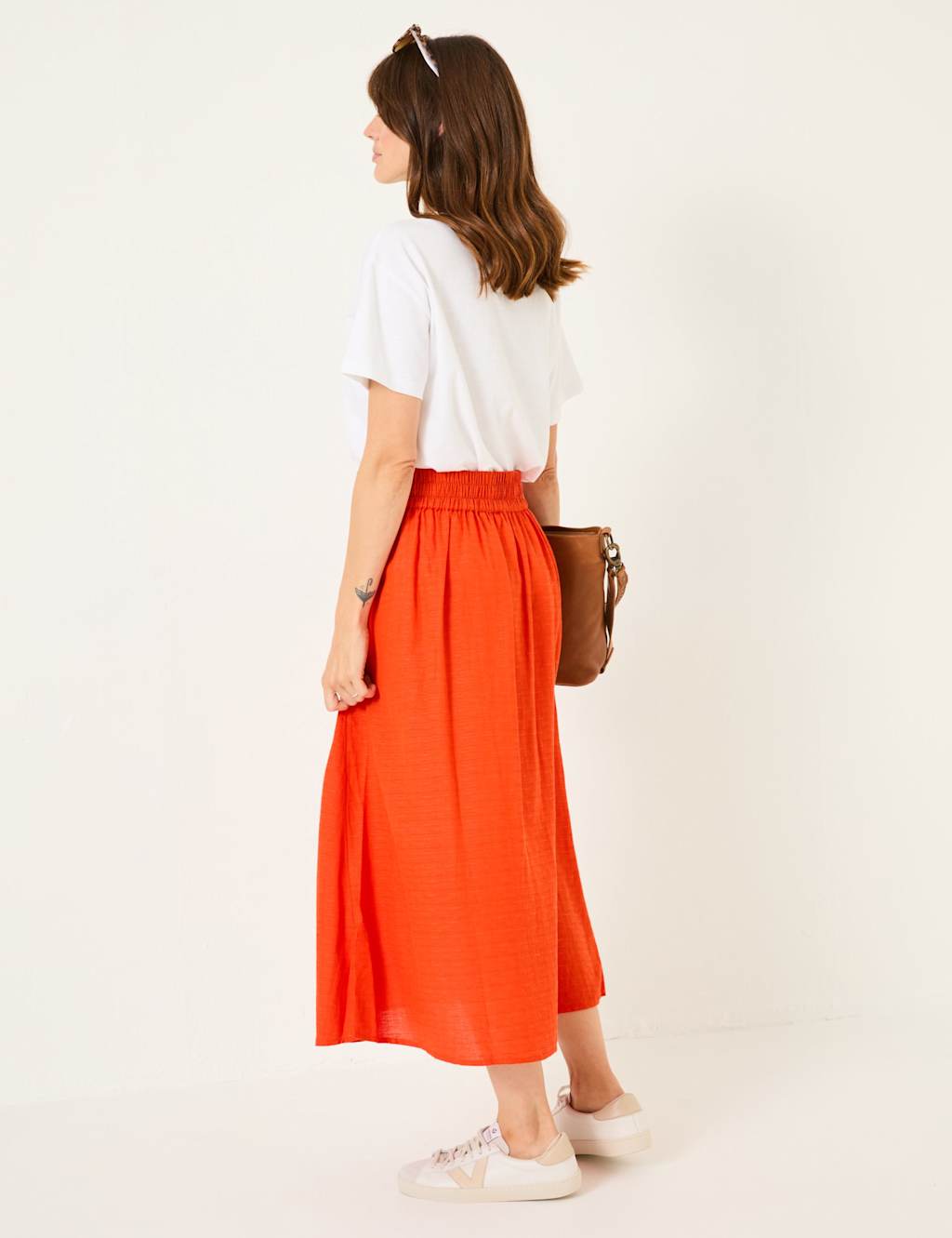 Cotton Blend Midi Asymmetric Skirt with Linen 3 of 9