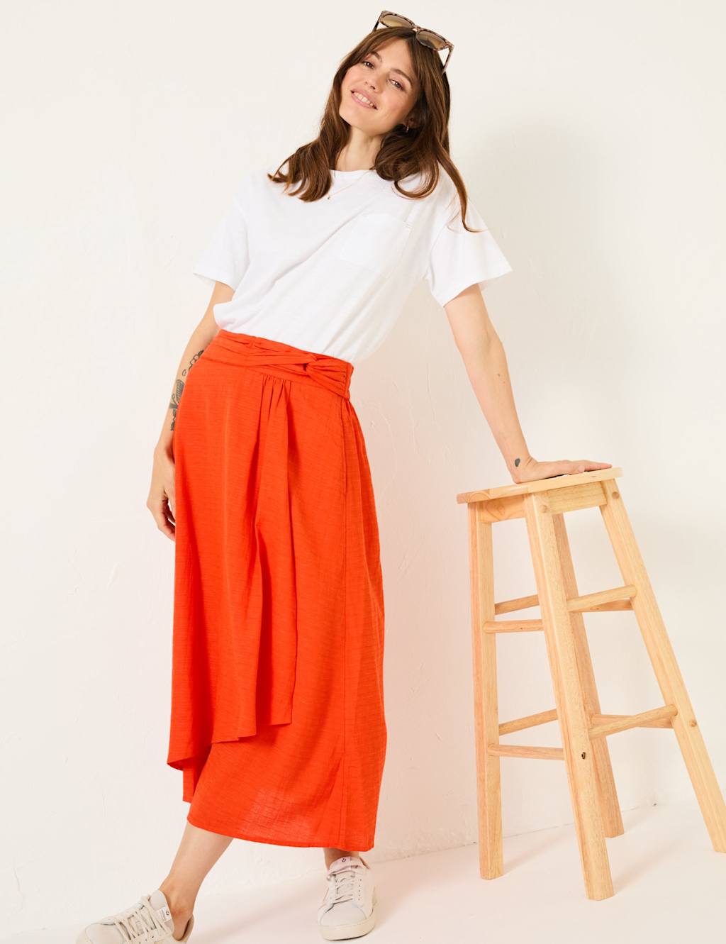 Cotton Blend Midi Asymmetric Skirt with Linen 5 of 9