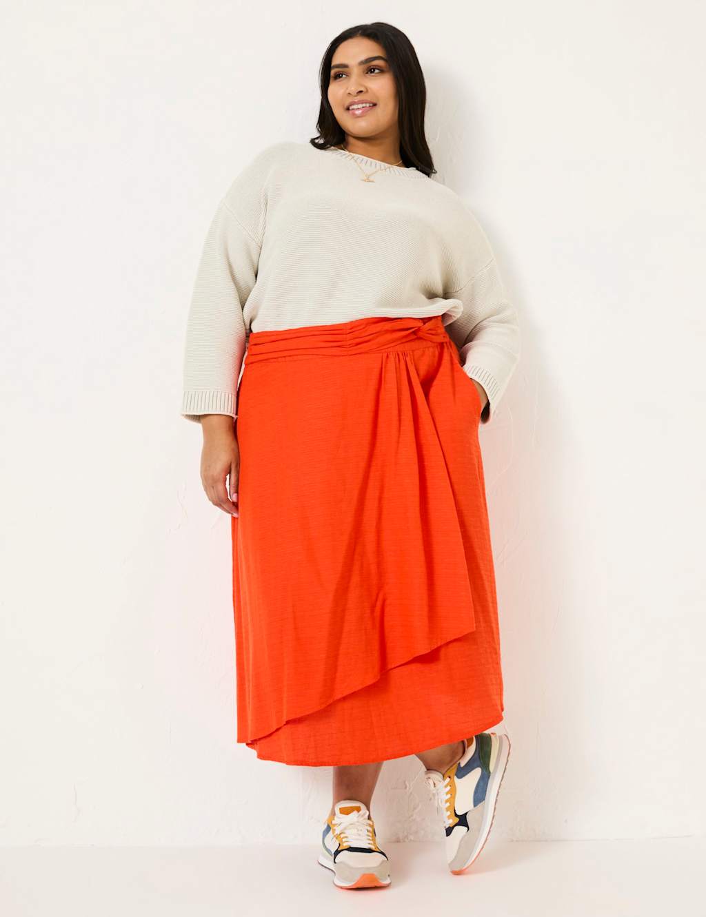 Cotton Blend Midi Asymmetric Skirt with Linen 7 of 9