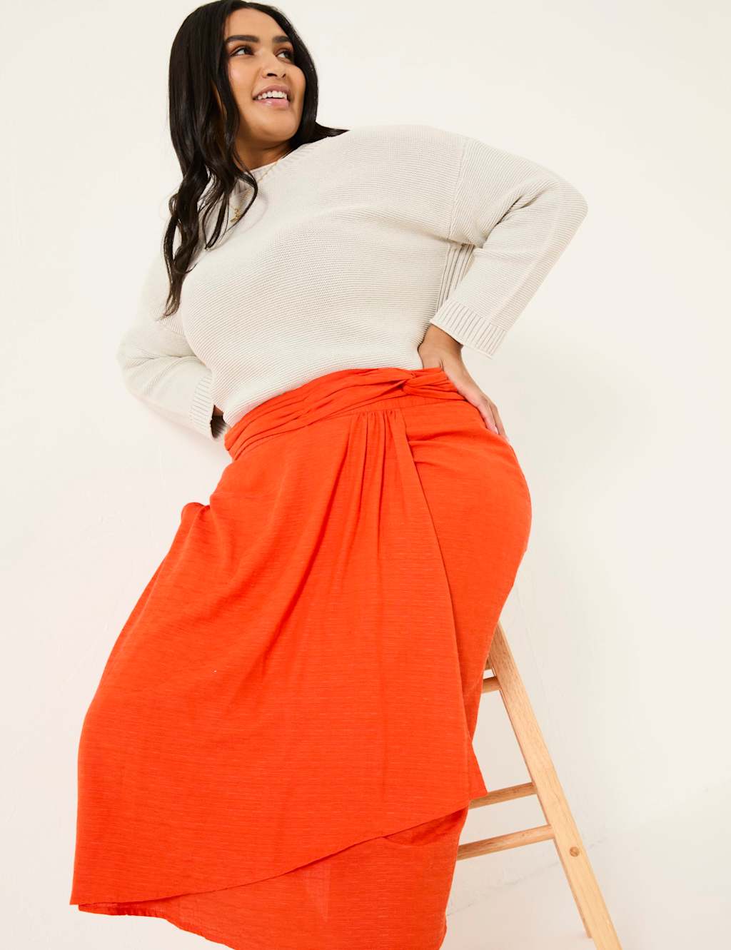 Cotton Blend Midi Asymmetric Skirt with Linen 9 of 9