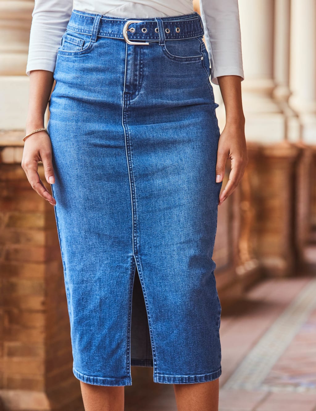 Denim Belted Midi Pencil Skirt 4 of 4