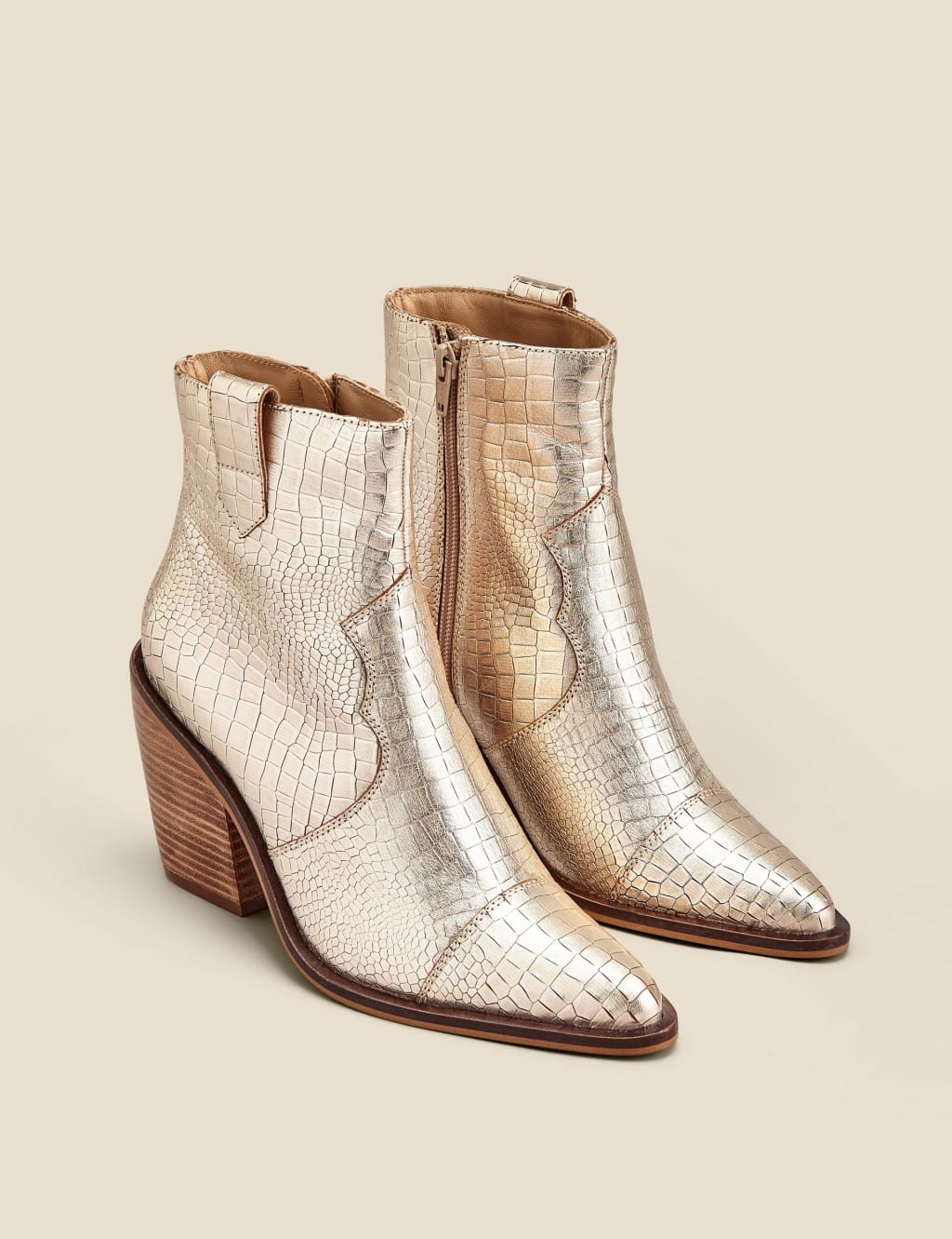 Leather Cow Boy Croc Block Heel Ankle Boots 4 of 6