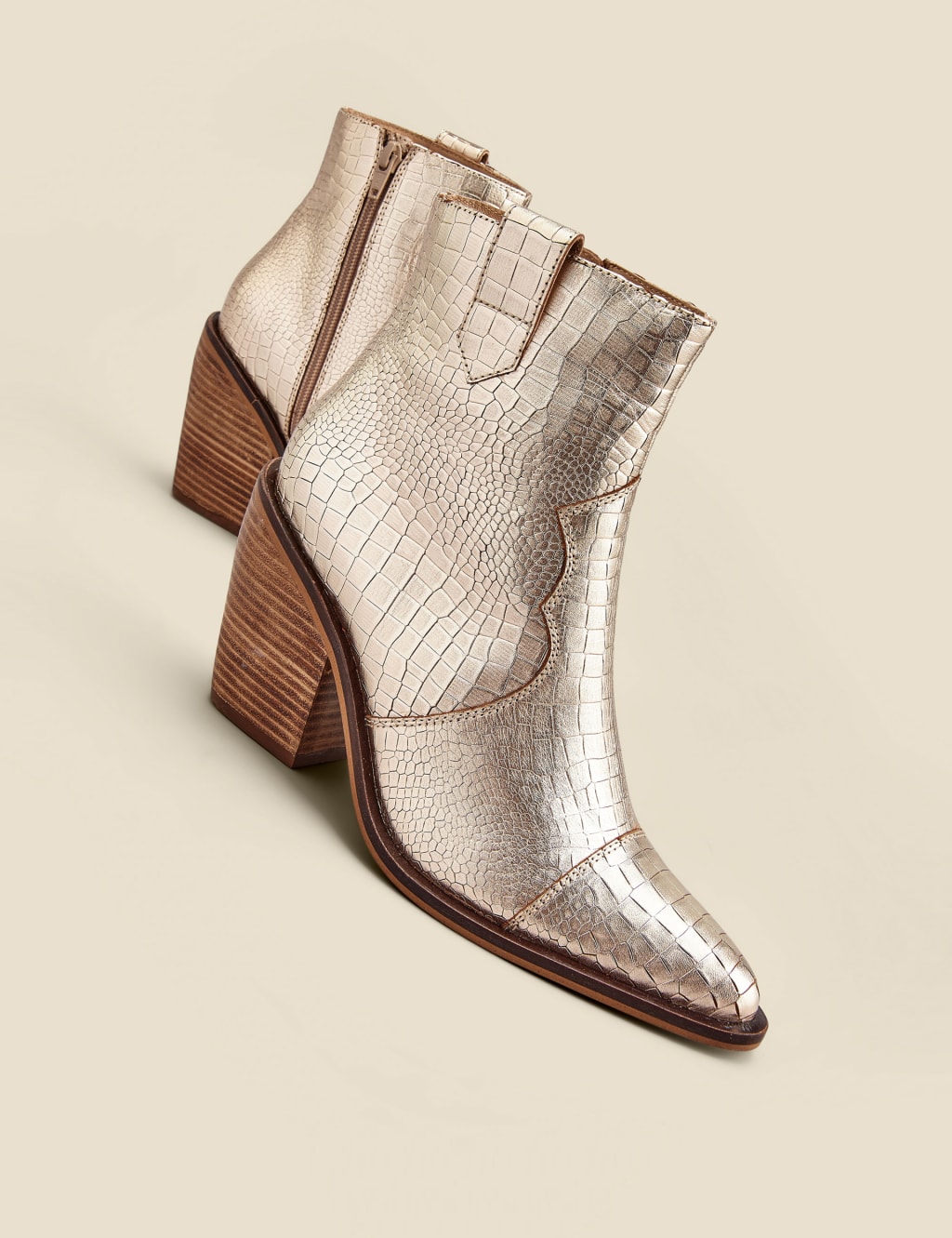 Leather Cow Boy Croc Block Heel Ankle Boots 5 of 6