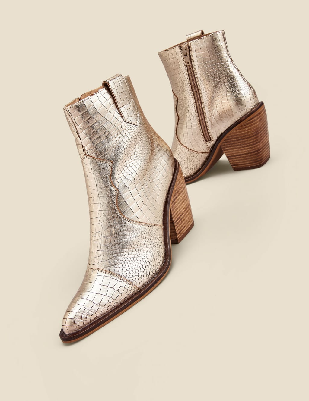 Leather Cow Boy Croc Block Heel Ankle Boots 6 of 6