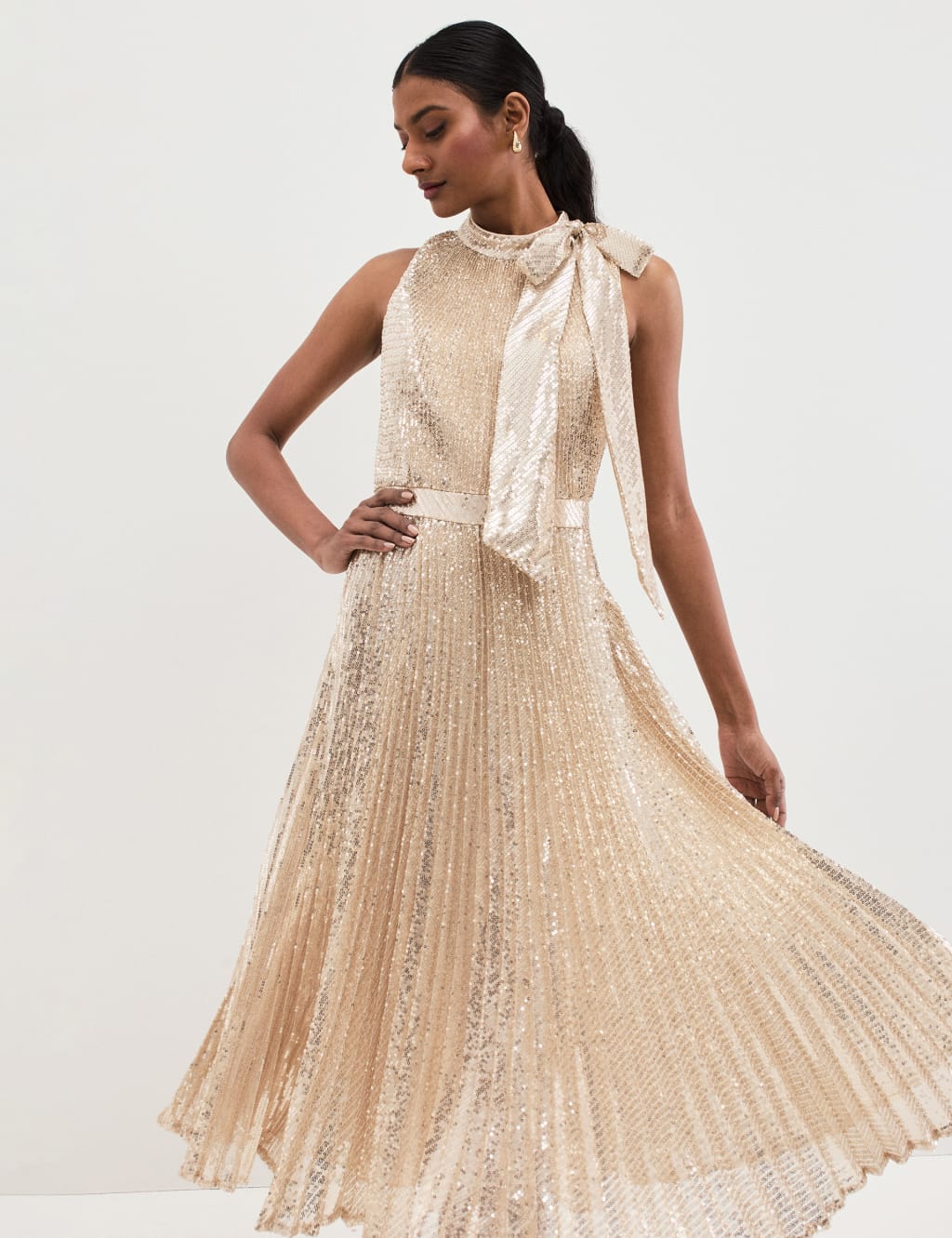 Sequin Tie Neck Midi Dress 4 of 8