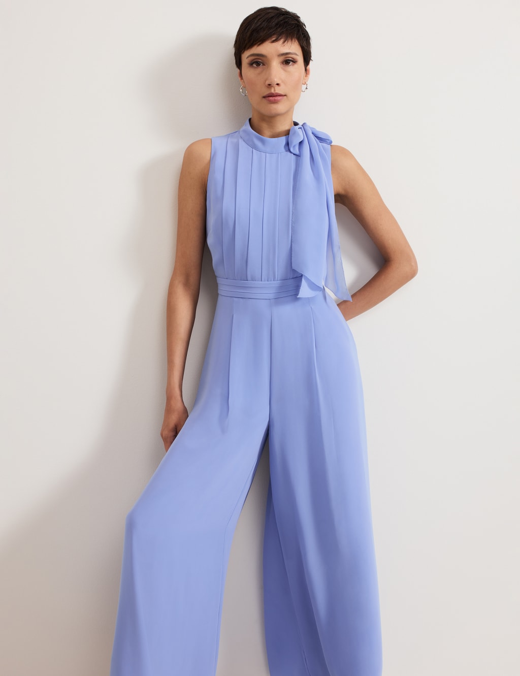 Pleated Tie Neck Sleeveless Wide Leg Jumpsuit 4 of 8