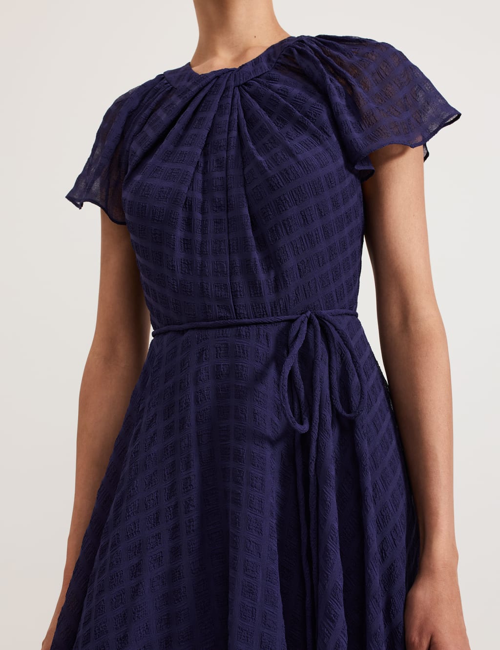 Checked Twist Neck Angel Sleeve Midaxi Skater Dress