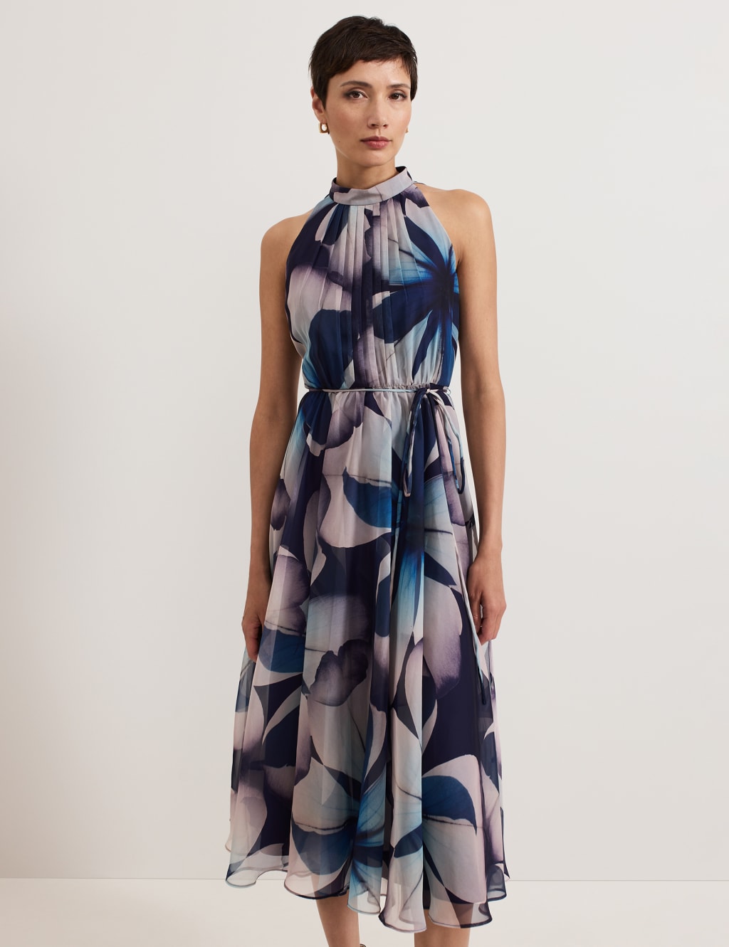 Sheer Floral High Neck Pleated Midi Swing Dress 4 of 7