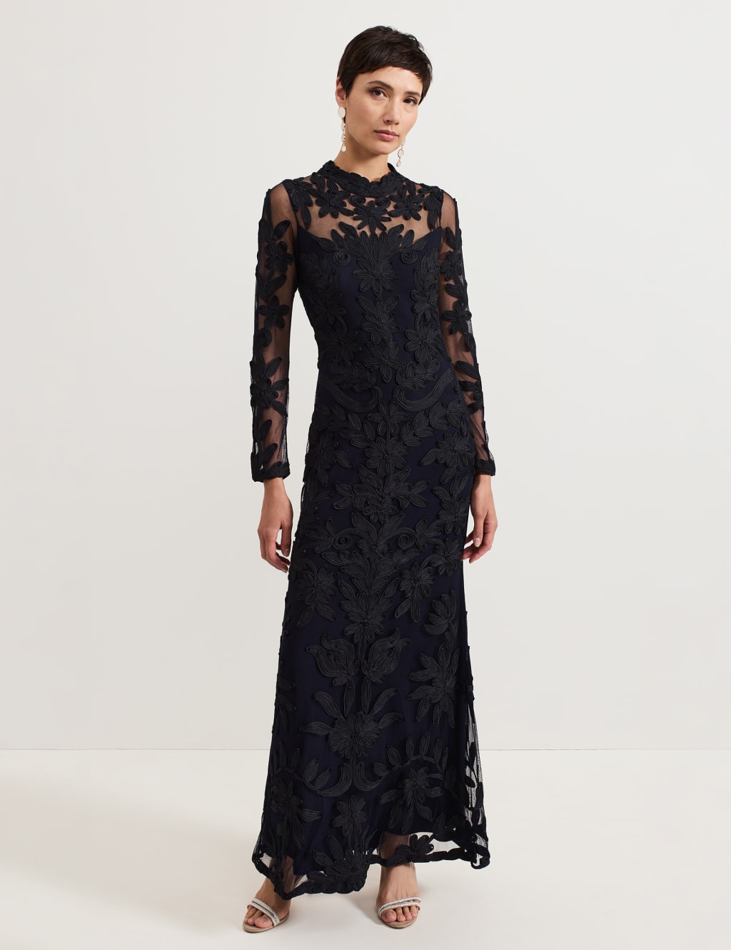 Sheer Broderie High Neck Maxi Bodycon Dress 1 of 9