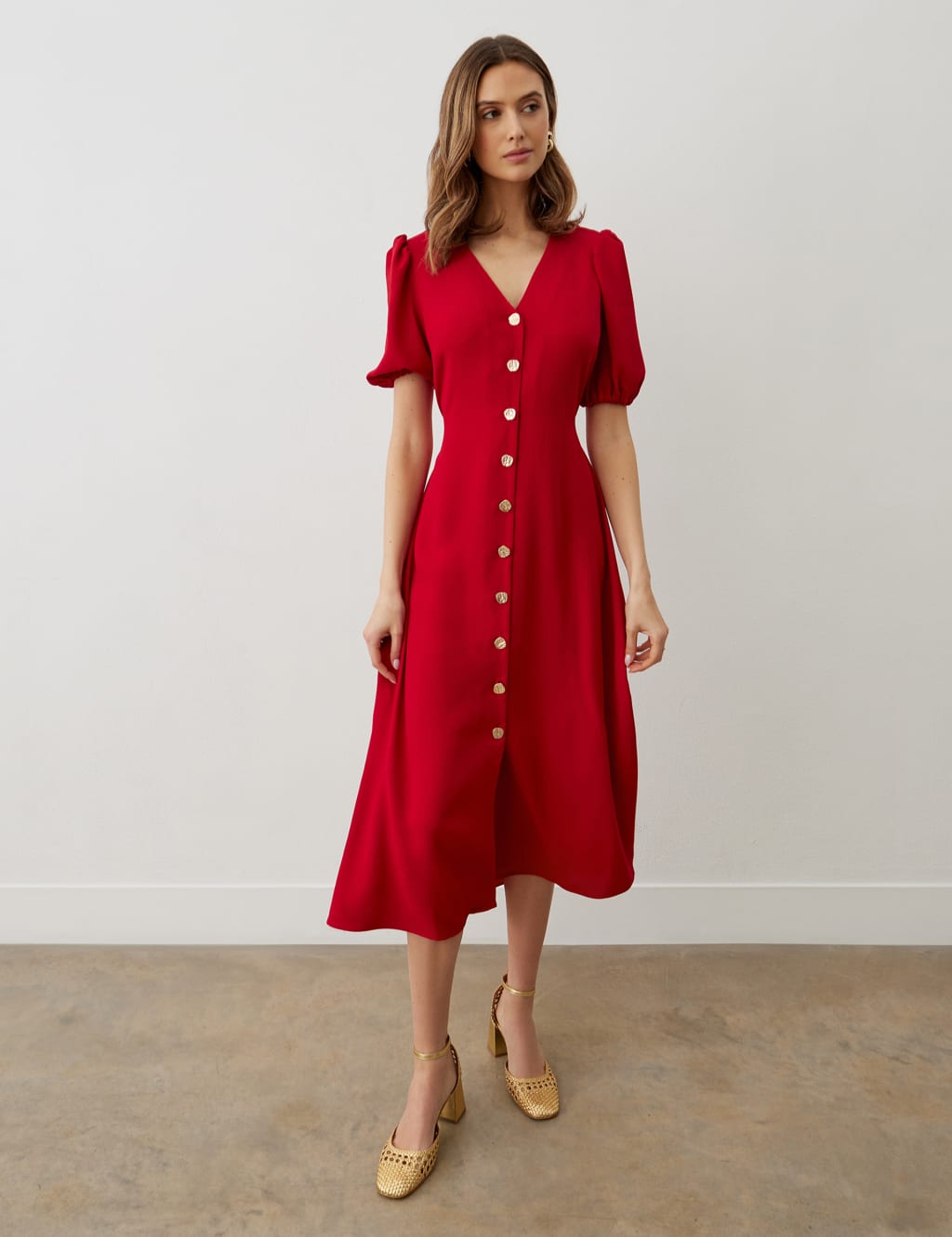 V Neck Button Through Midi Tea Dress Finery London M S