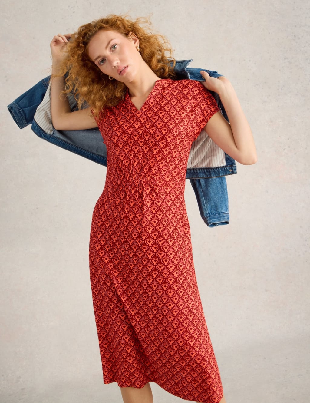 Pure Linen Jersey Printed V-Neck Midi Dress 3 of 6