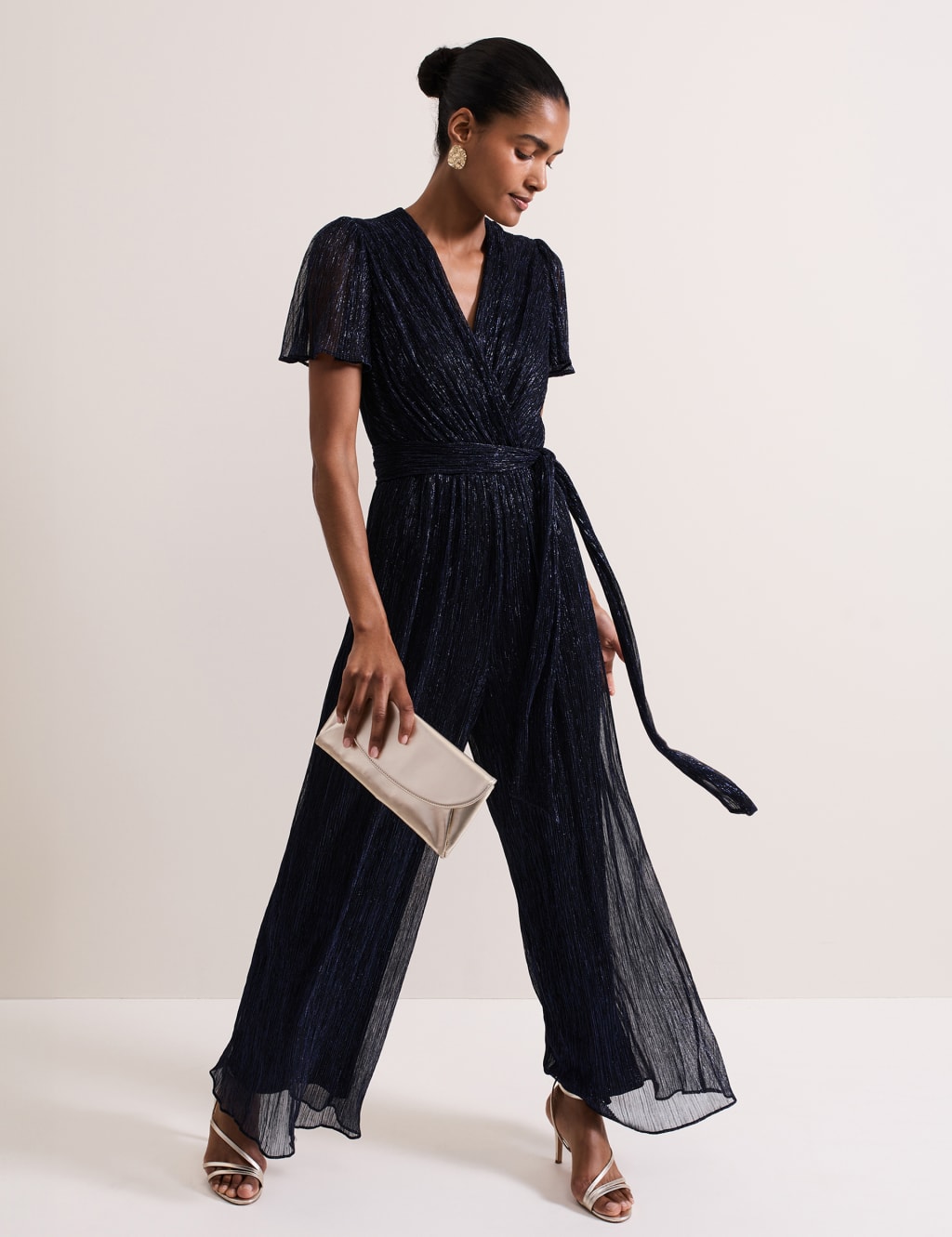 Plisse Short Sleeve Wide Leg Wrap Jumpsuit