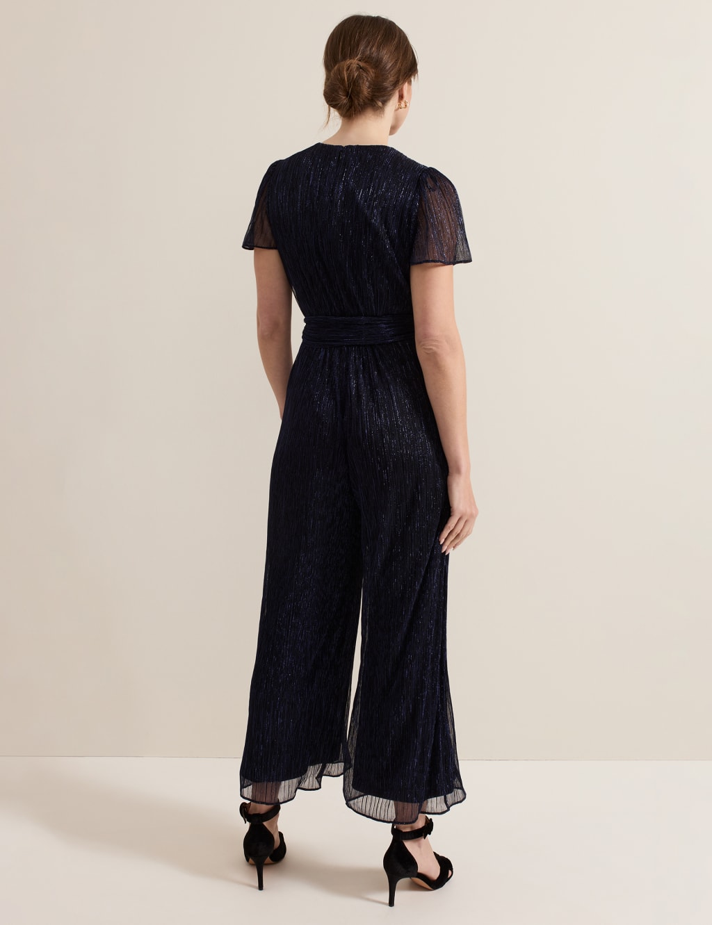 Plisse Short Sleeve Wide Leg Wrap Jumpsuit