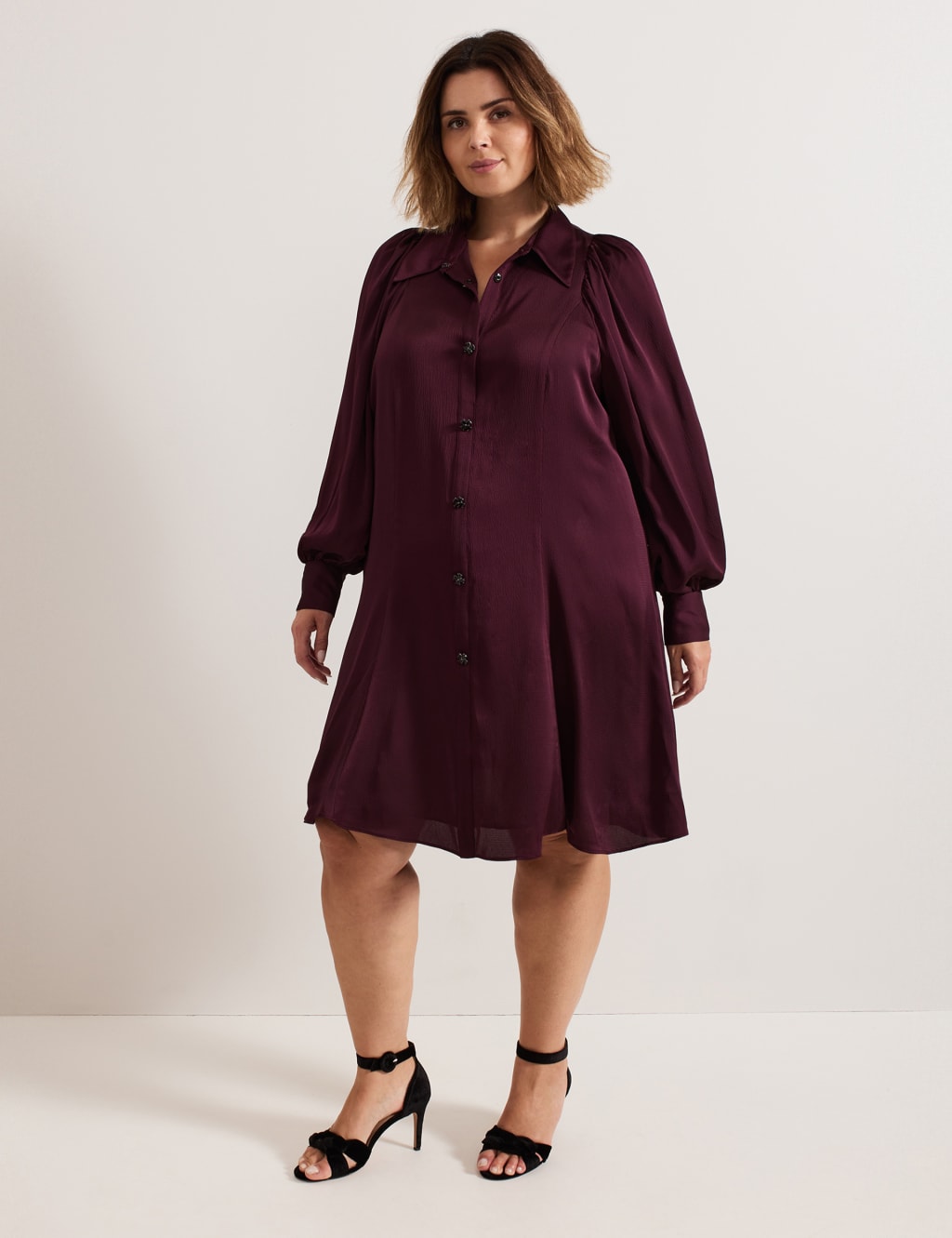 Satin Button Front Knee Length Shirt Dress
