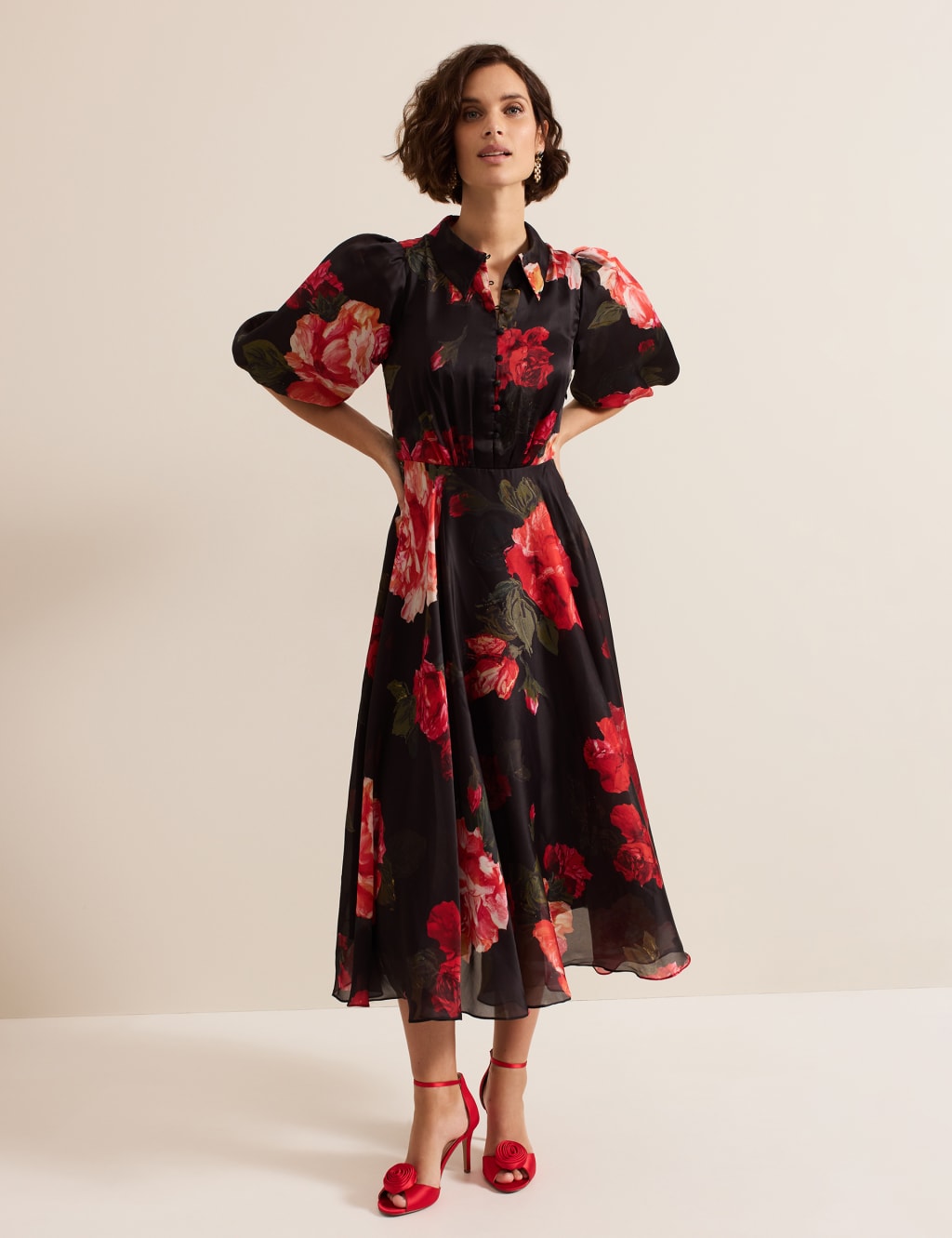 Floral Puff Sleeve Midi Shirt Dress