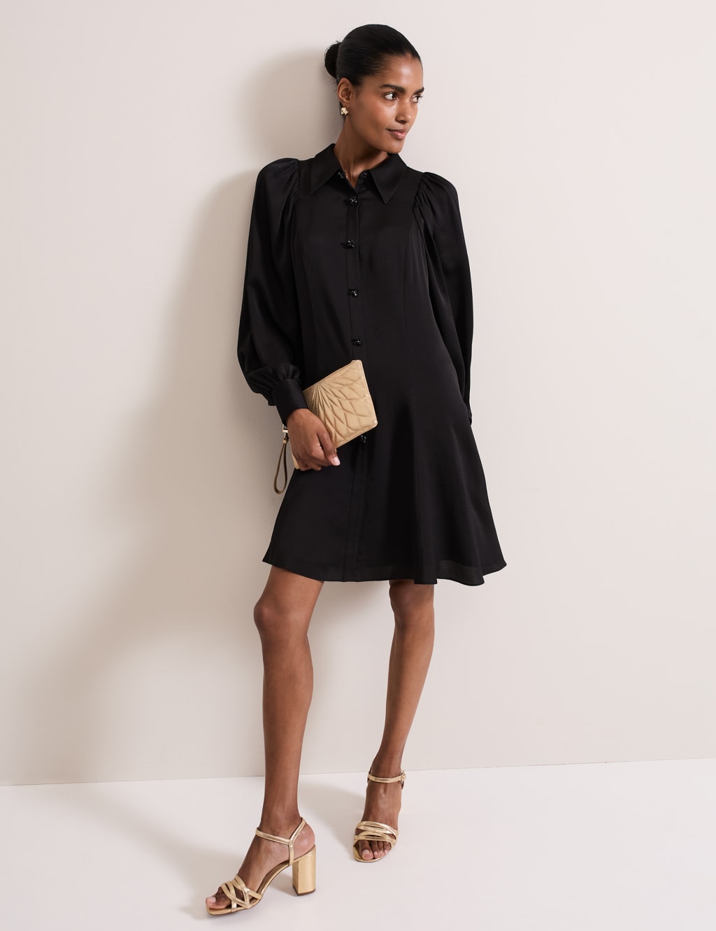 Satin Knee Length Shirt Dress