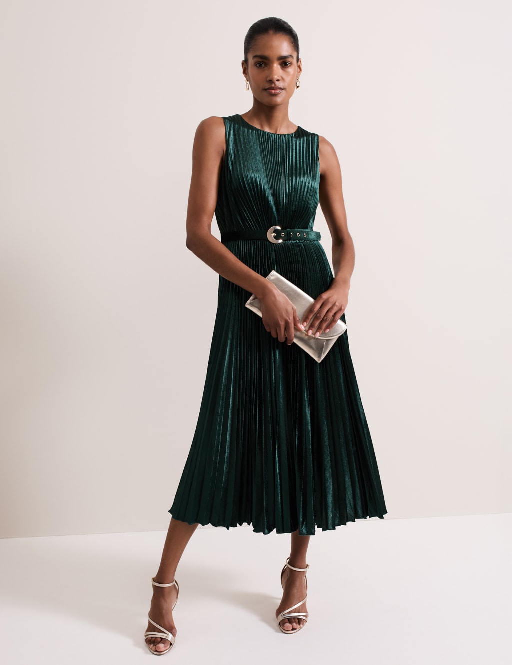 Velvet Pleated Belted Midi Skater Dress