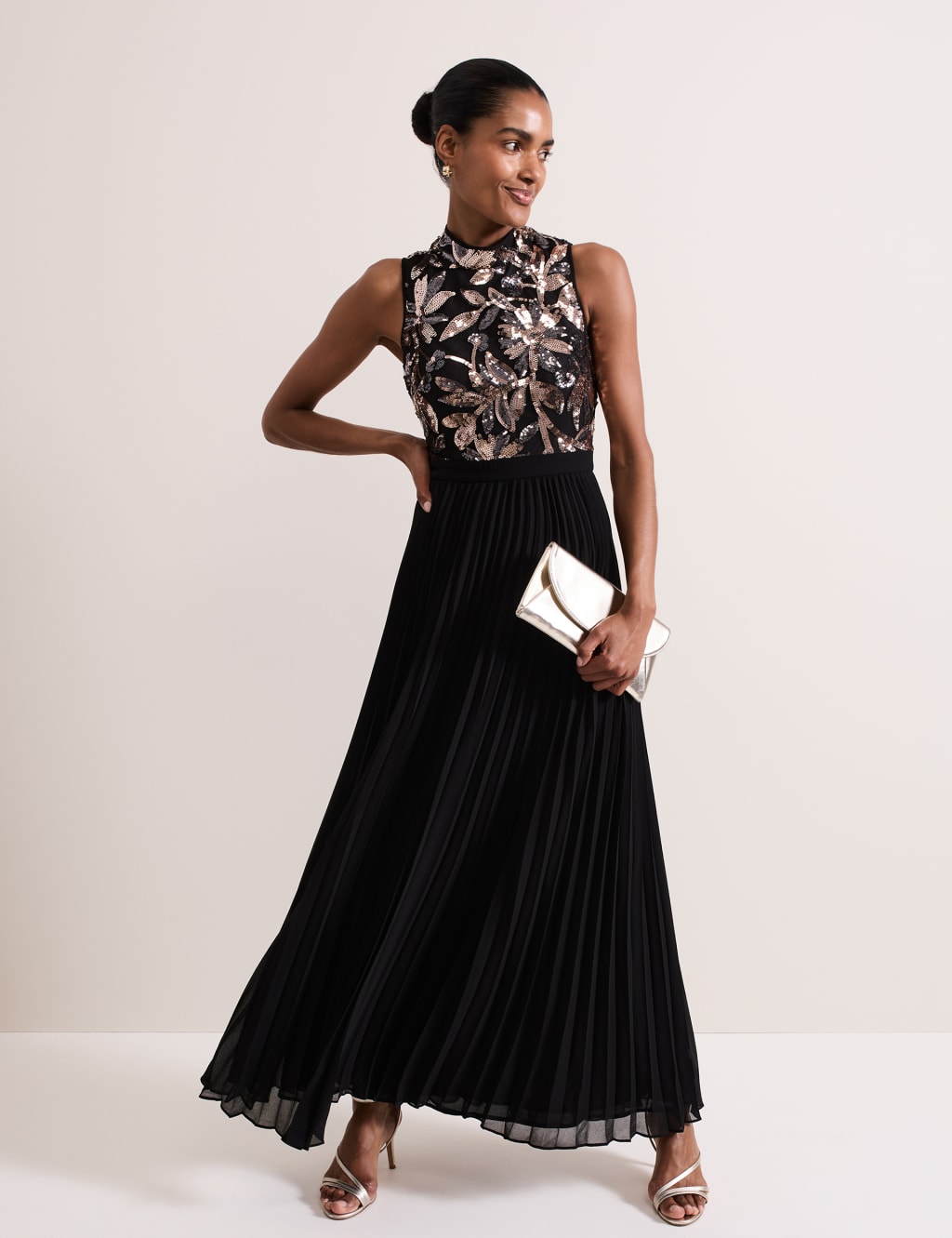 Sequin High Neck Pleated Maxi Skater Dress