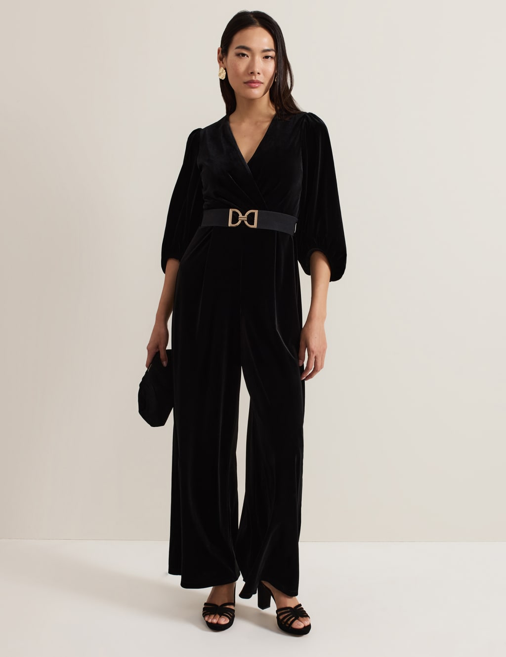 Velvet Belted 3 4 Sleeve Wide Leg Jumpsuit Phase Eight M S