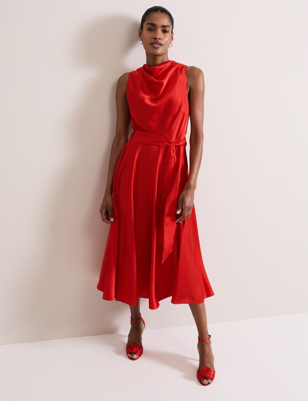 Satin Cowl Neck Midi Skater Dress