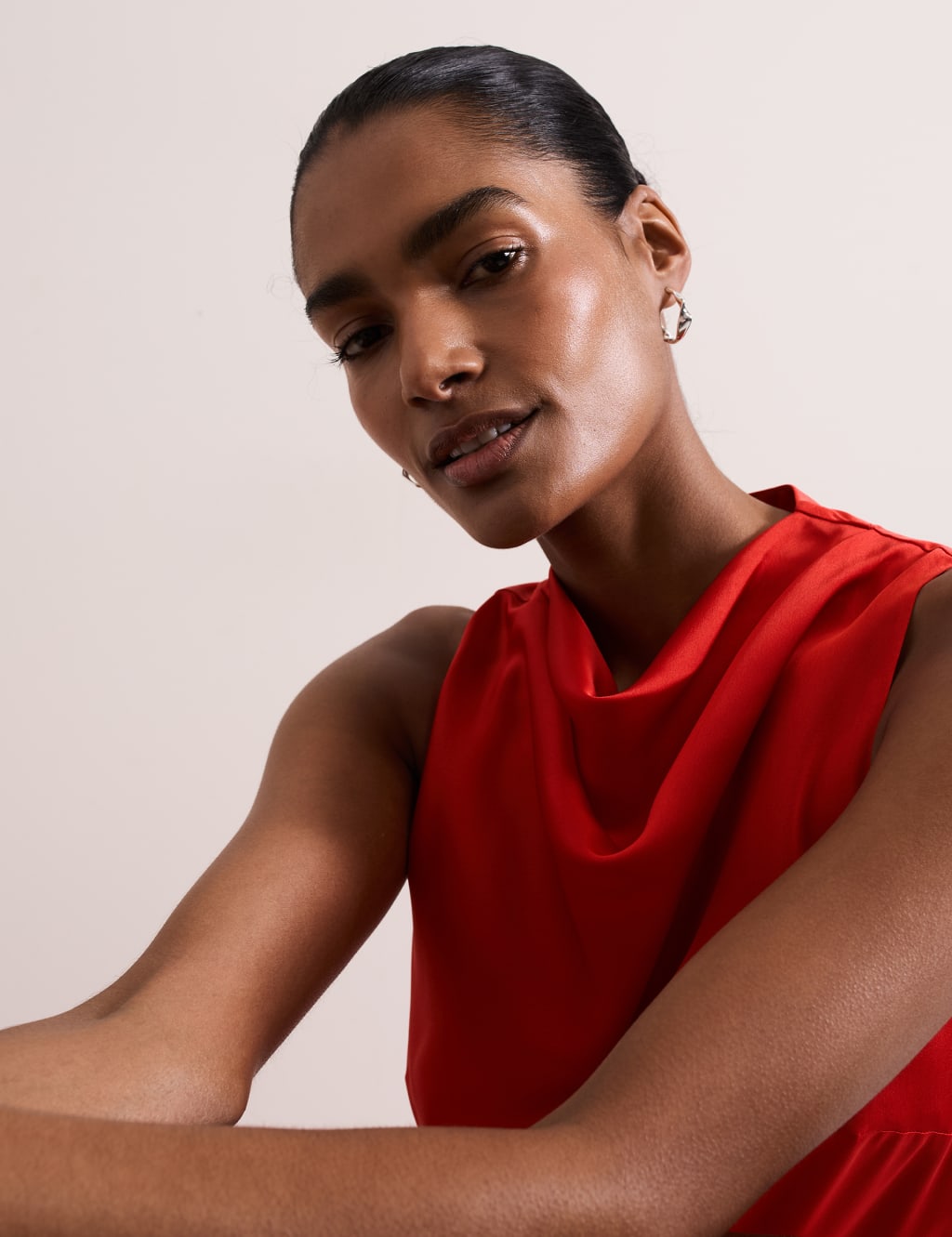 Red satin cowl neck midi dress hotsell