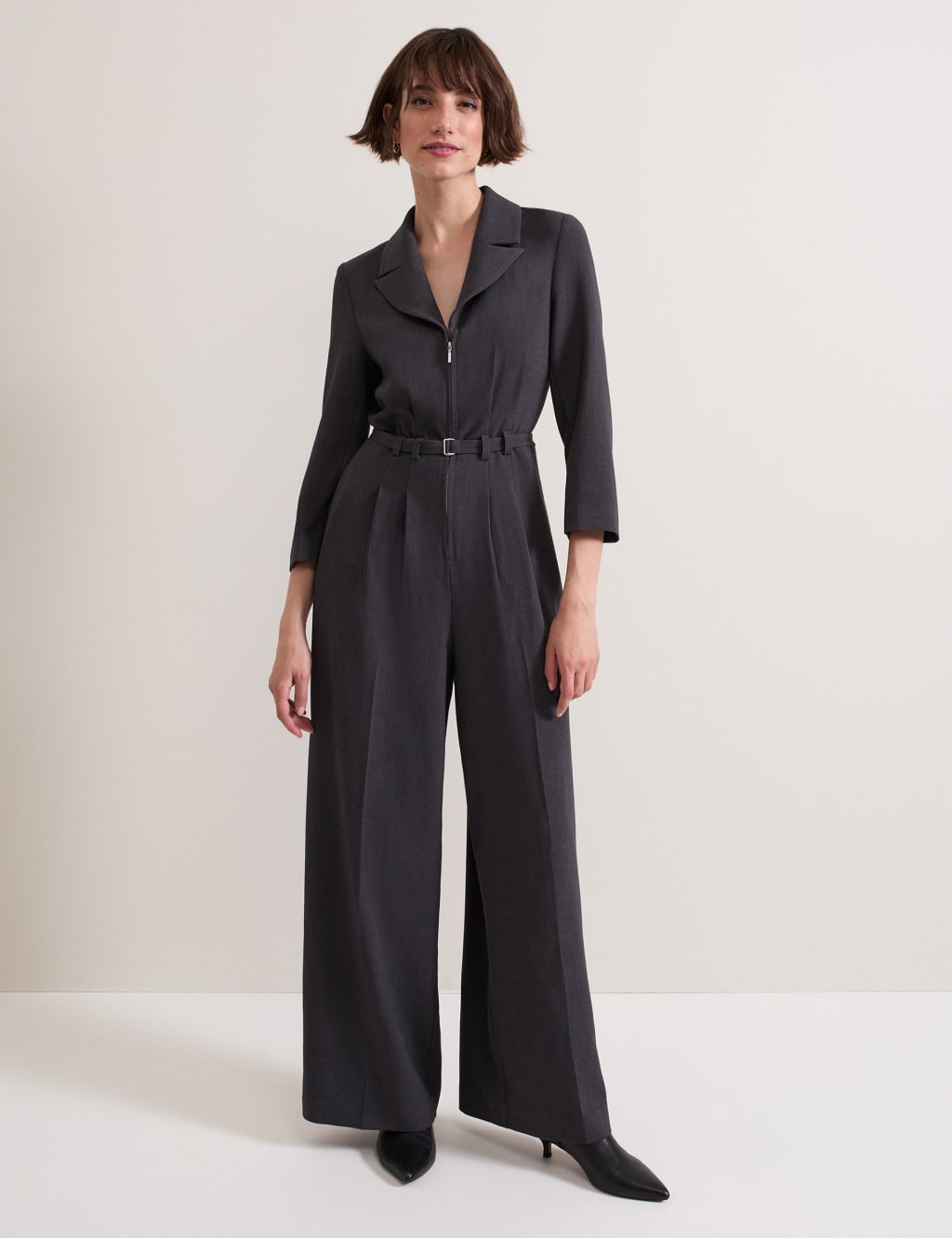 Belted 3 4 Sleeve Tailored Jumpsuit