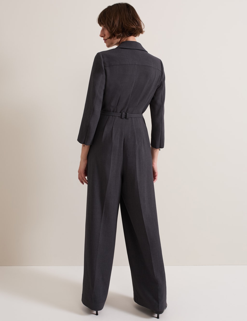 Belted 3 4 Sleeve Tailored Jumpsuit