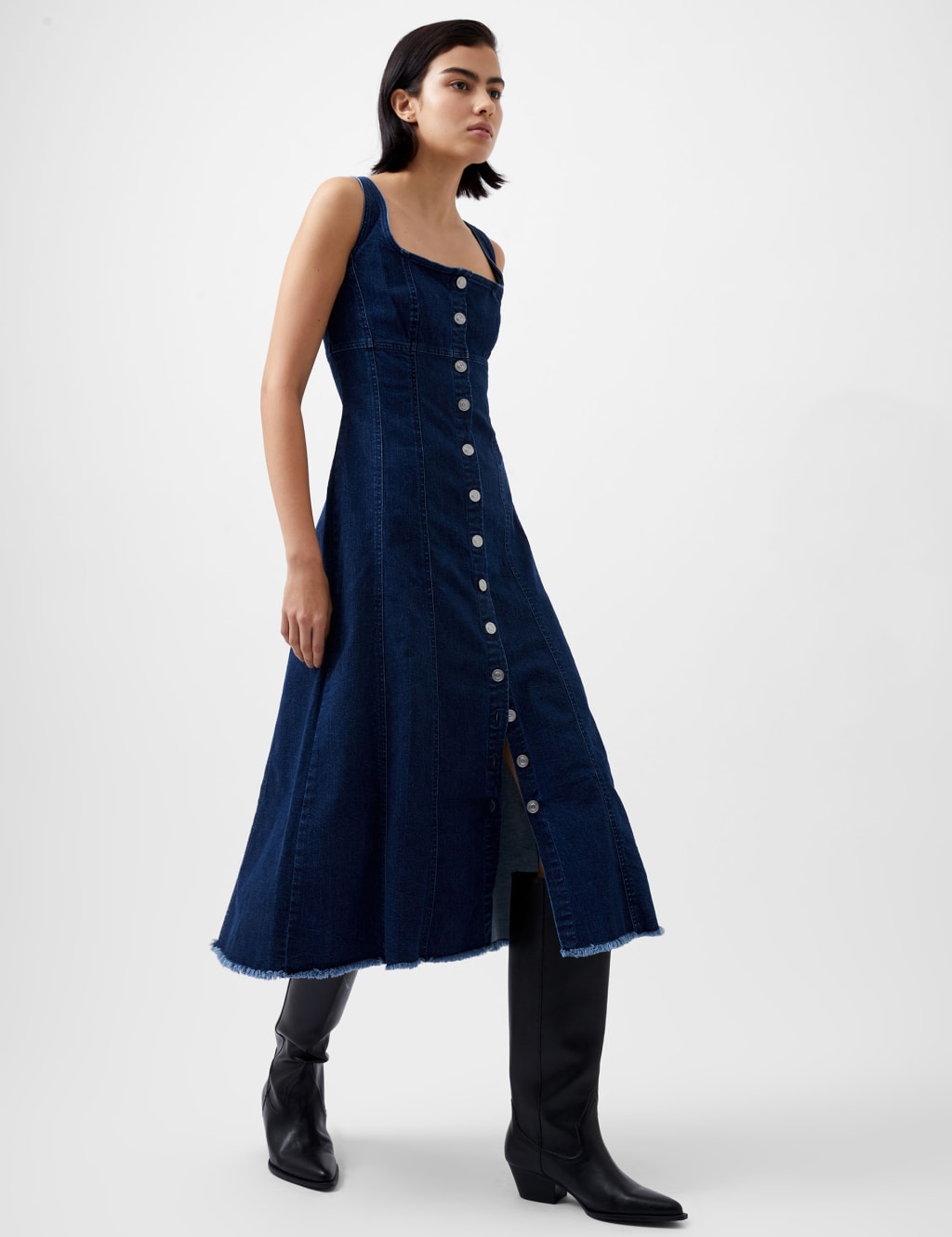 Denim Square Neck Midi Smock Dress