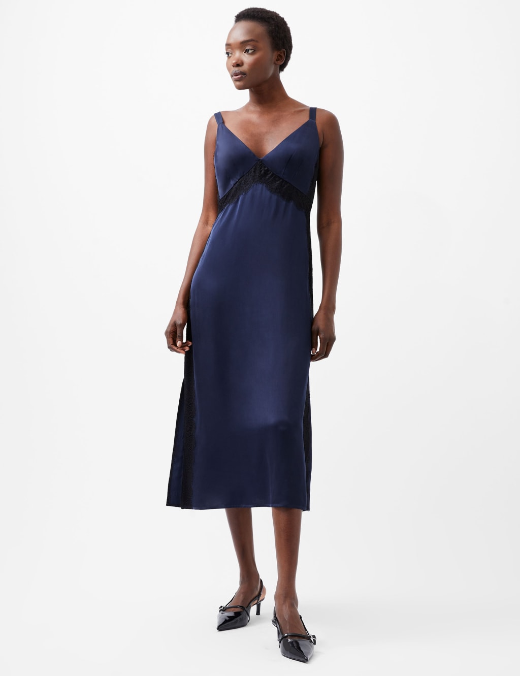 Satin V Neck Midi Slip Dress