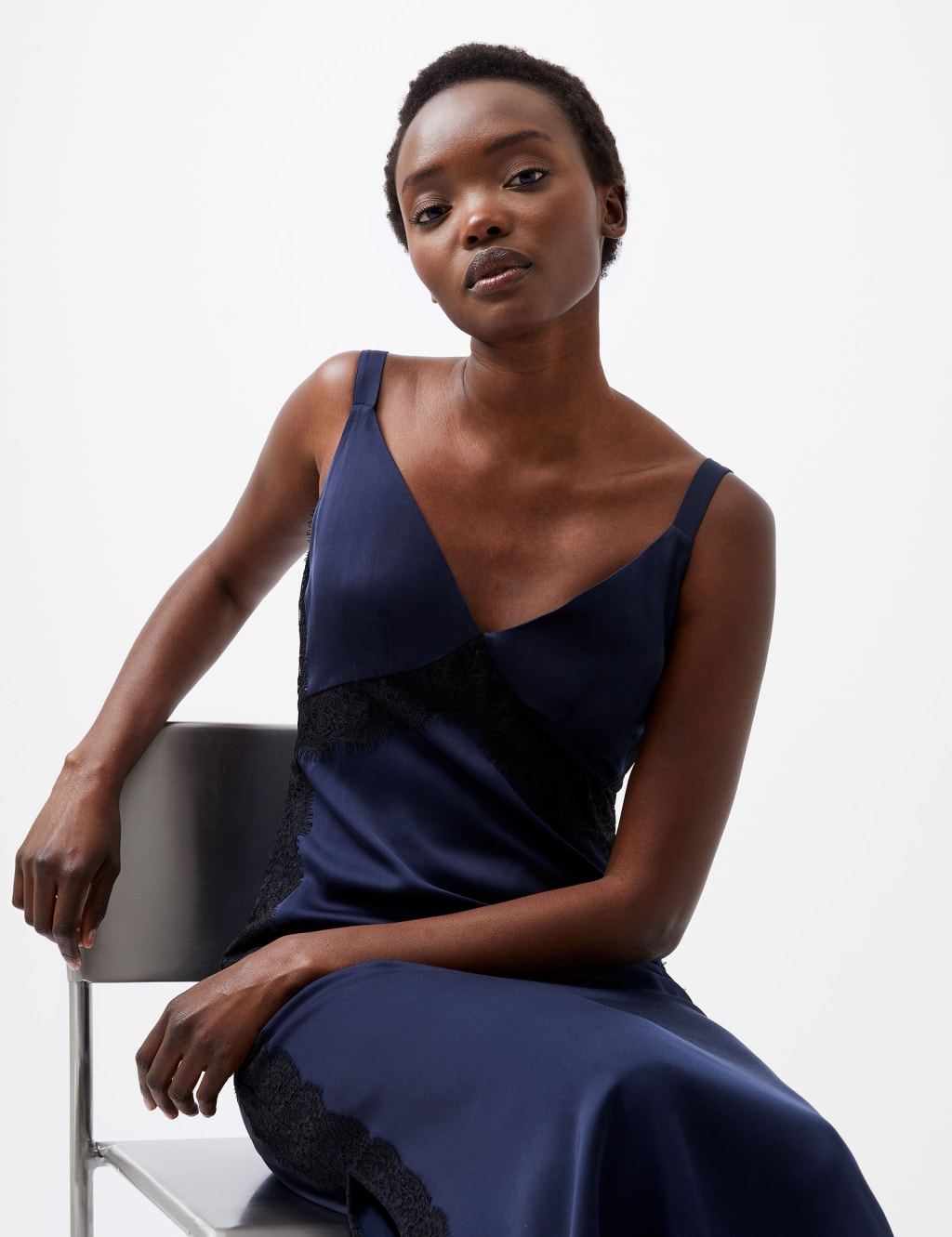 Satin V Neck Midi Slip Dress