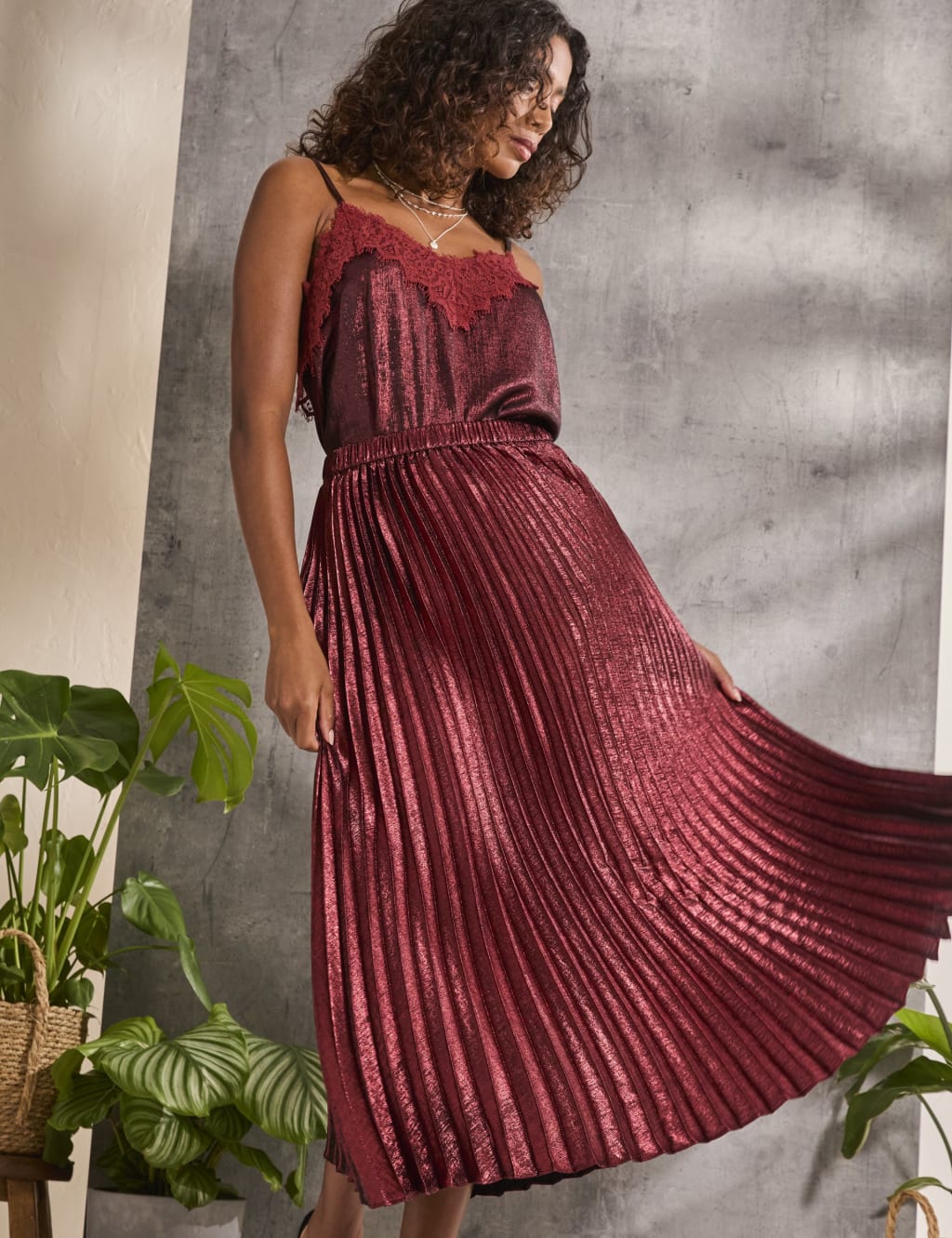 Red metallic pleated midi skirt hot sale